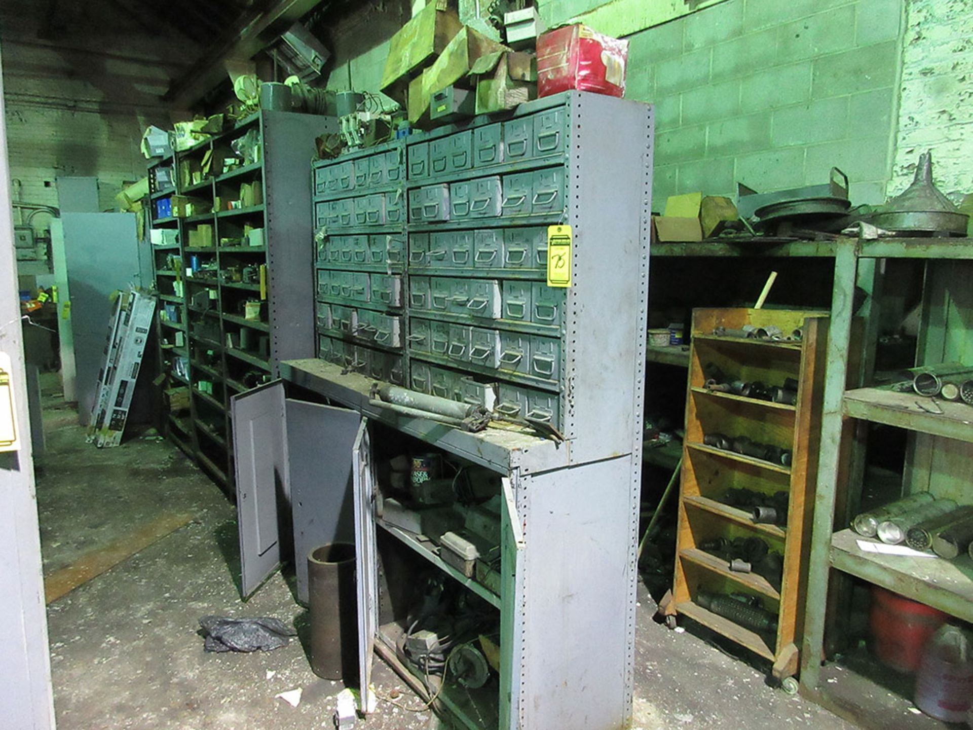 CABINETS & SHELF UNITS WITH CONTENTS; SWITCHES, TRANSFORMERS, RELAYS, CLAMPS, FITTINGS, AND ELECTRIC