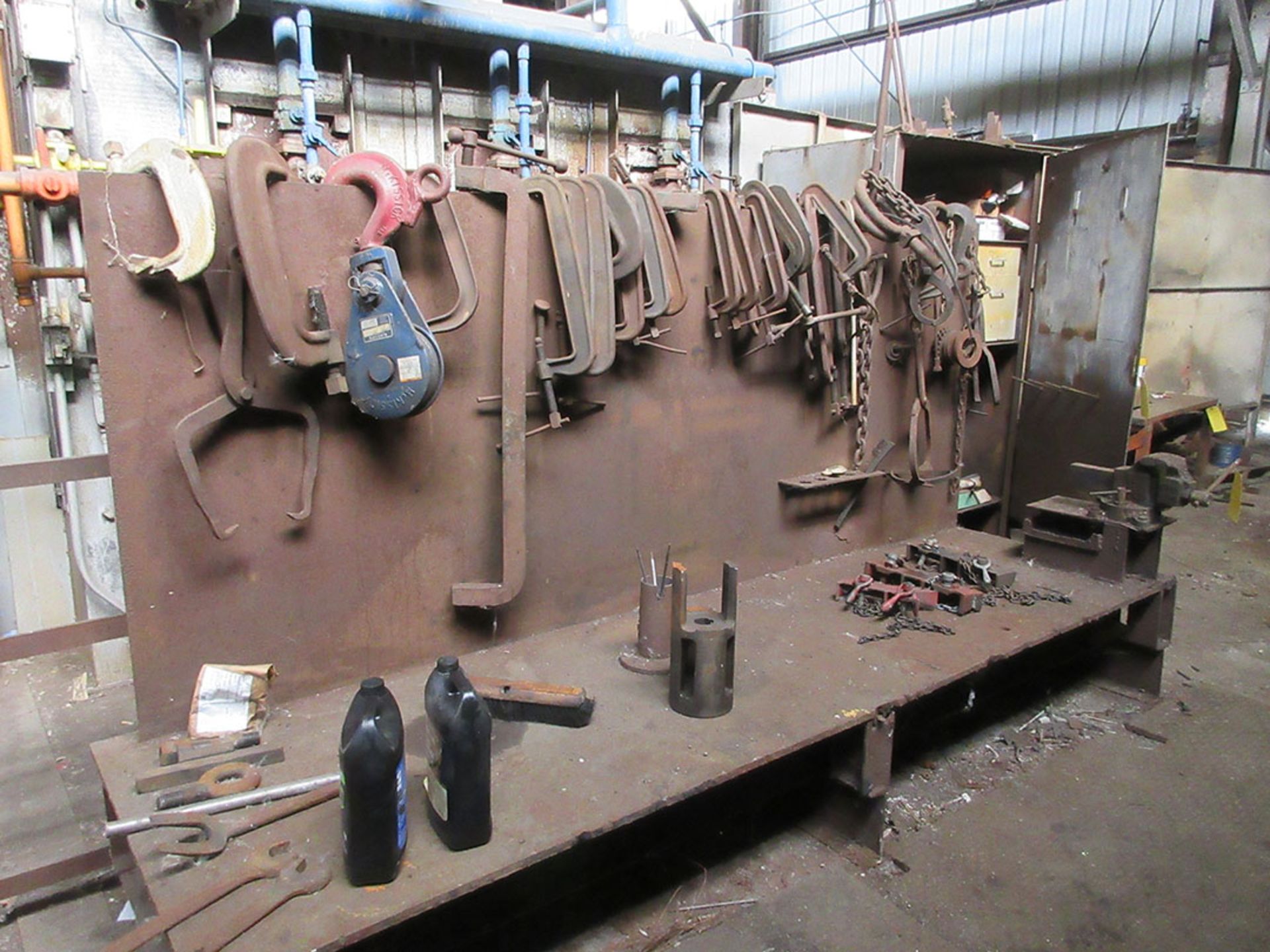 FURNACE, ITEMS ALONG WALL, CABINET WITH WELDING ROD, AND TABLE WITH C-CLAMPS - Image 2 of 2