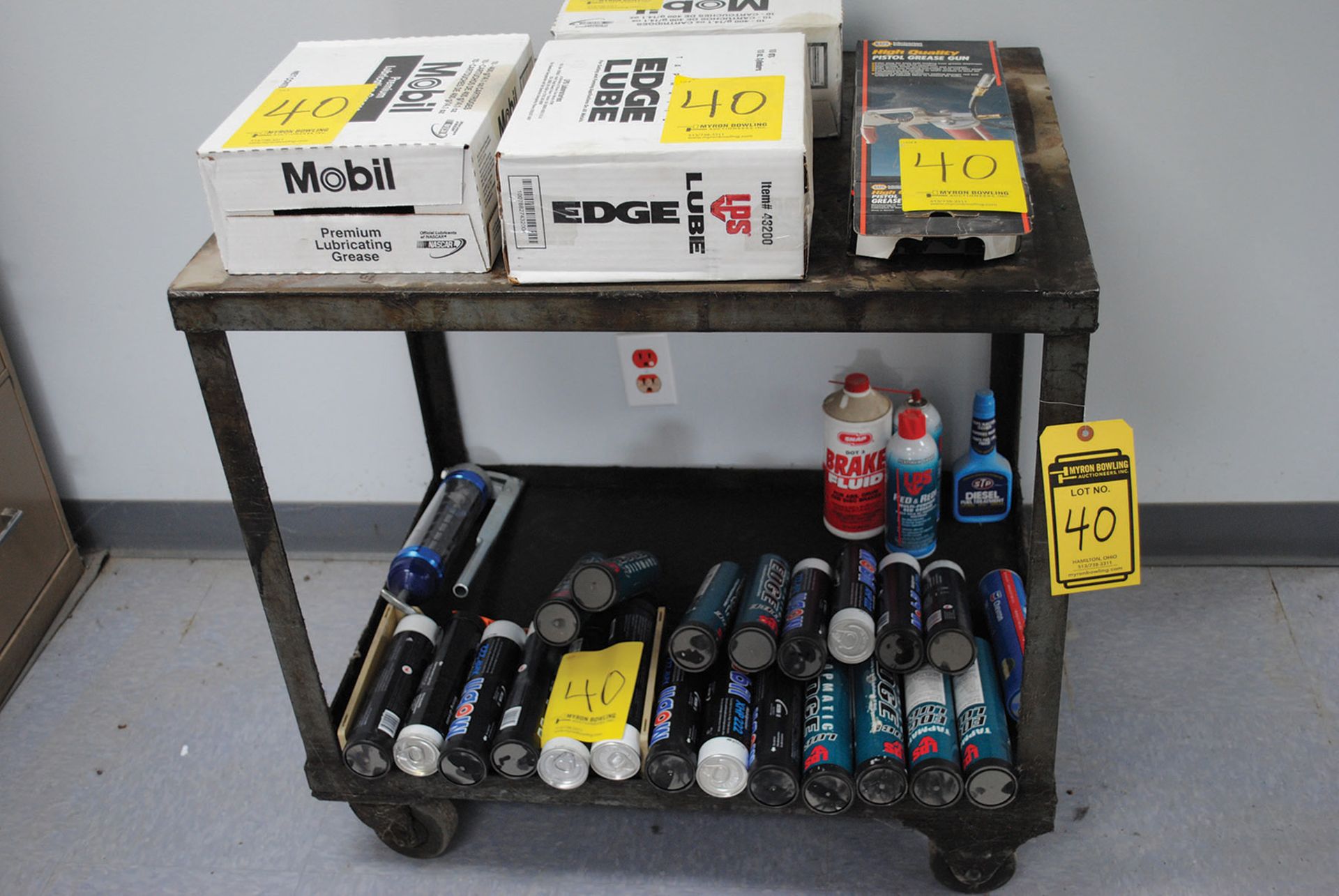 ROLLING METAL MATERIAL CART WITH TUBES OF ASSORTED GREASE