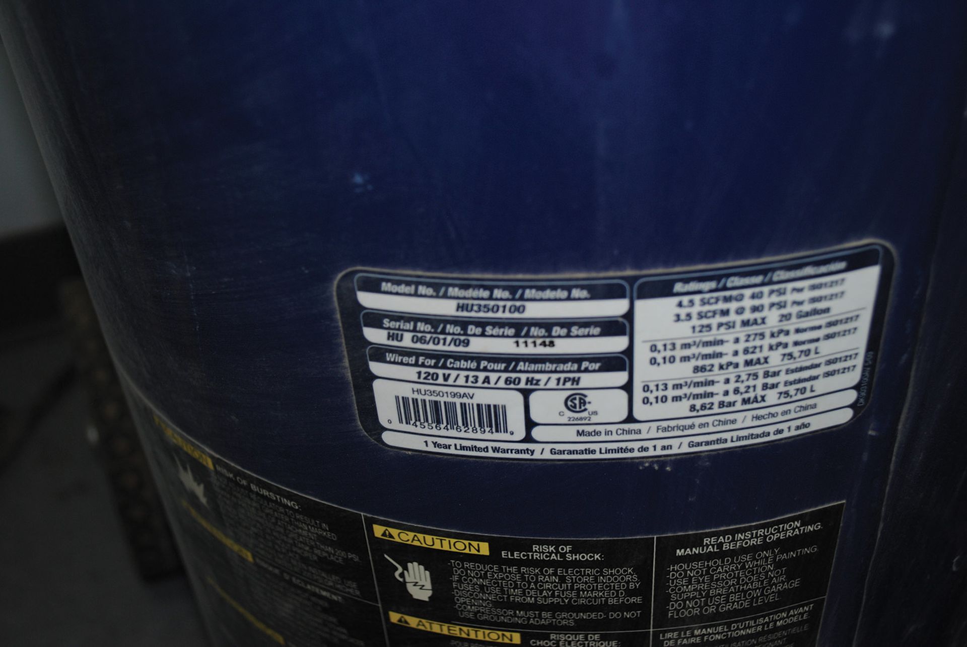 CAMPBELL HAUSFELD 20-GALLON OIL LESS COMPRESSOR; 125-MAX PSI, 1.2 RUNNING HP, 120-VOLTS, 4.5 - Image 2 of 2