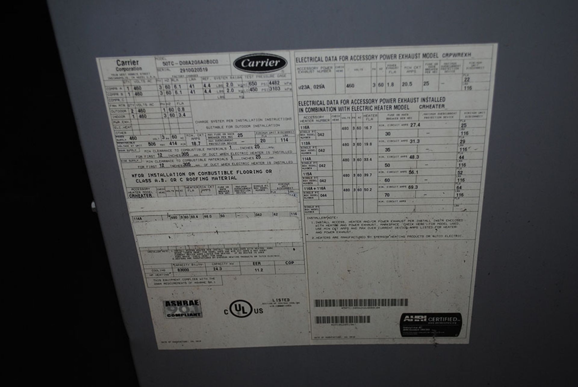 CARRIER WEATHERMAKER FURNACE; MODEL 50TC-D08A2GA0B0C0, S/N 2910G20519, 3-PHASE, 60-HZ, 460-VOLTS - Image 3 of 5