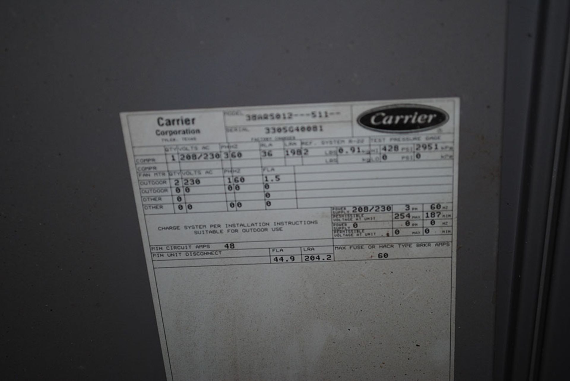 CARRIER GEMINI SPLIT SYSTEM AIR COOLED CONDENSING; MODEL 38ARS-012-511, S/N 3305G40081, 230-VOLTS, - Image 3 of 4