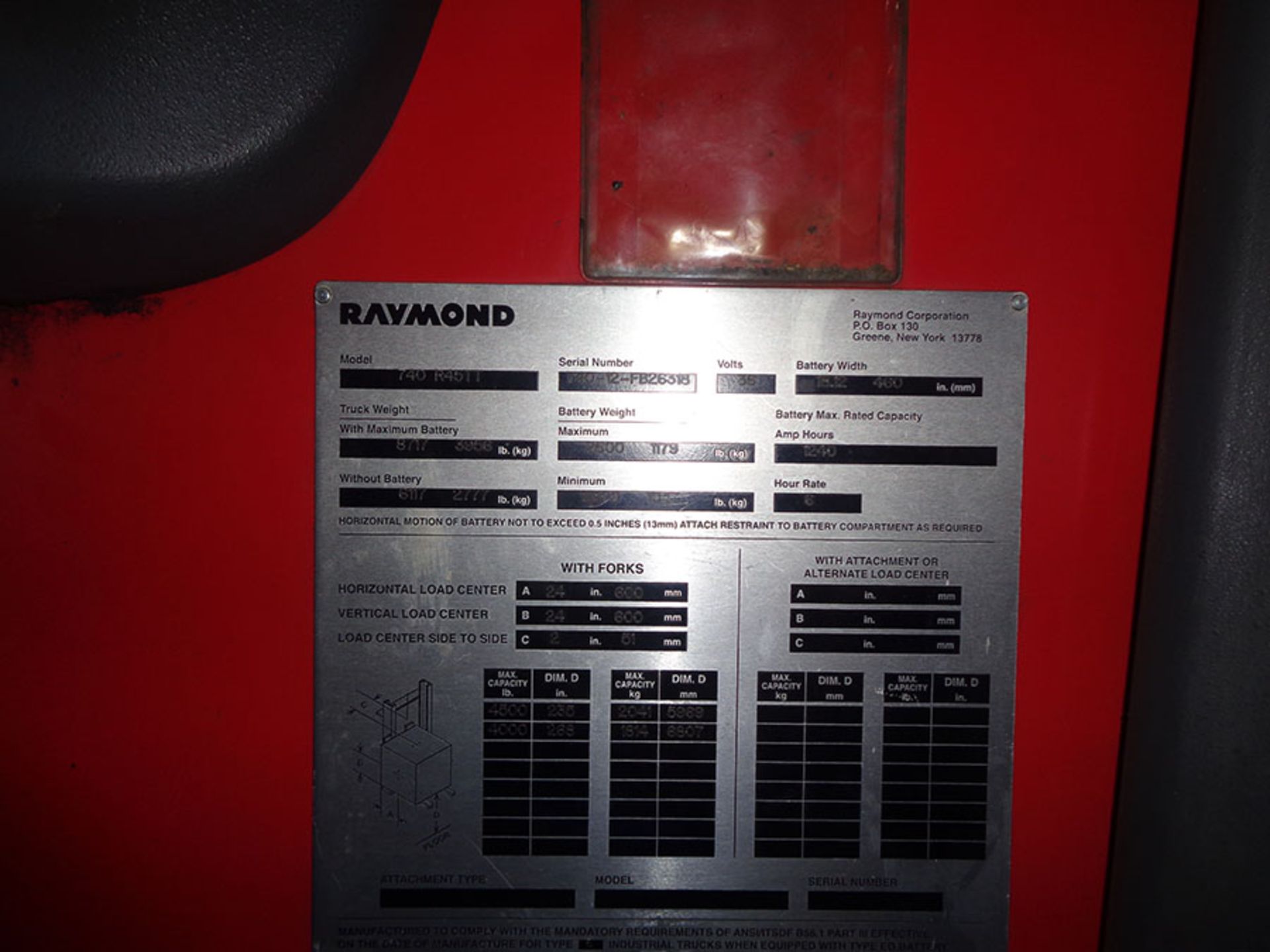 2012 RAYMOND 4,500 LB. REACH TRUCK; 36-VOLT, MODEL 740-R45TT, S/N 740-12-FB26318, RUNS & OPERATES - Image 2 of 2