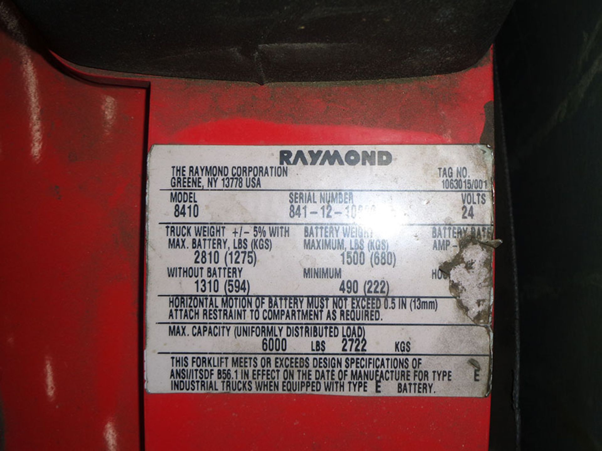 2012 RAYMOND 6,000 LB. ELECTRIC PALLET JACK; 24-VOLT, MODEL 8410 S/N 841-12-10886 - Image 2 of 2