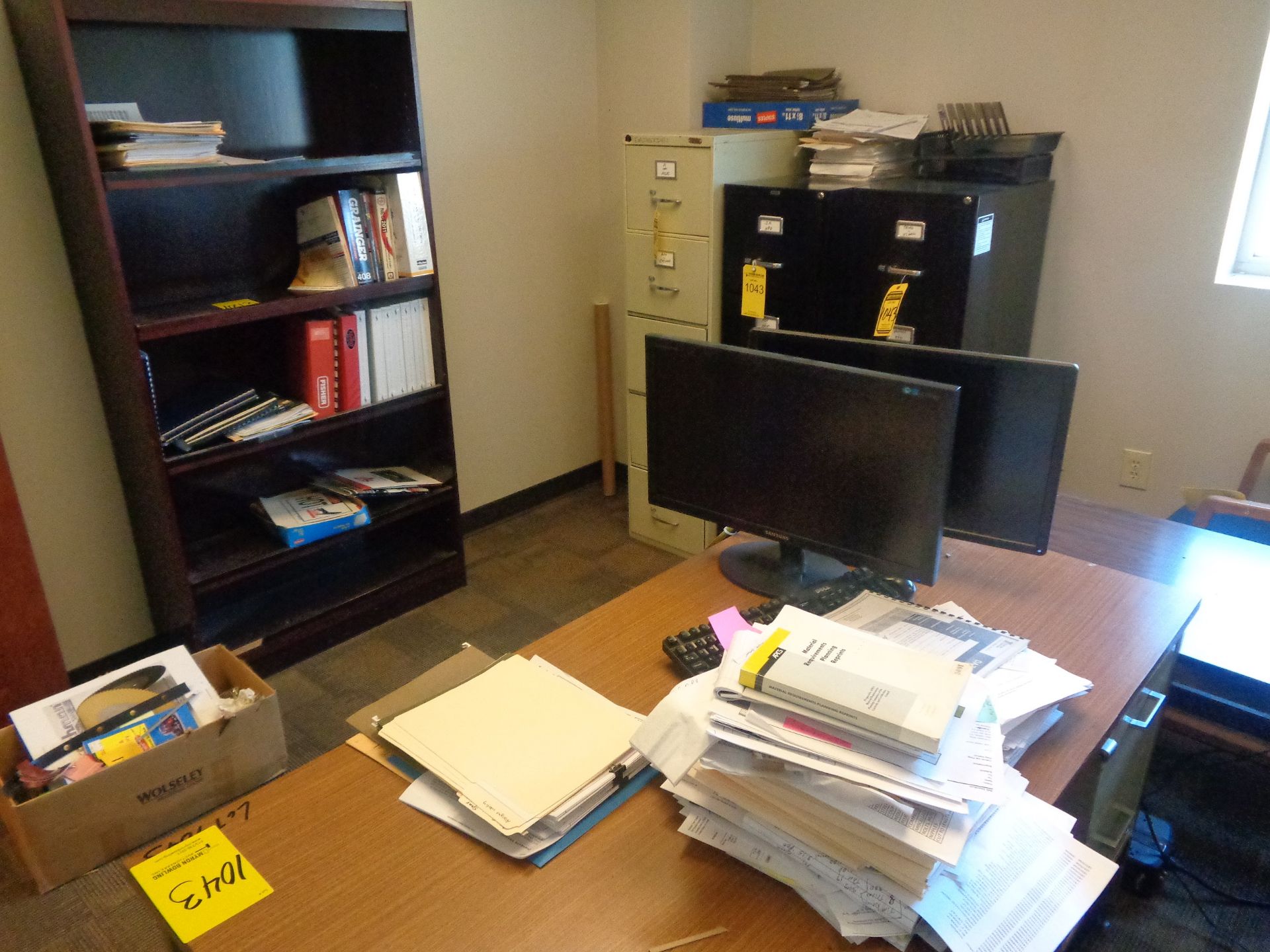 DESK, CHAIRS, BOOKCASE, AND FILE CABINETS (NO PHONES)