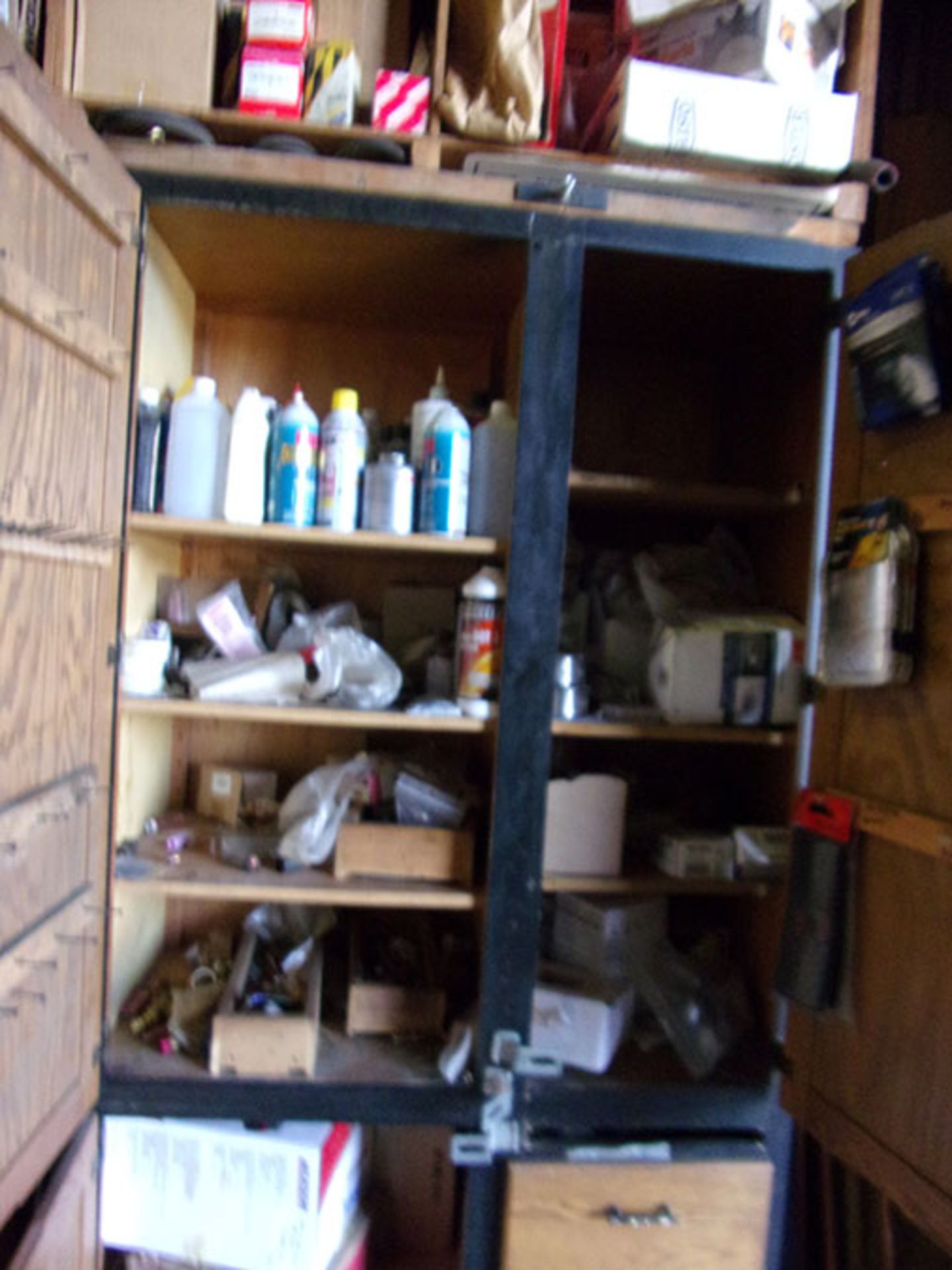 WOOD CABINET WITH CONTENTS