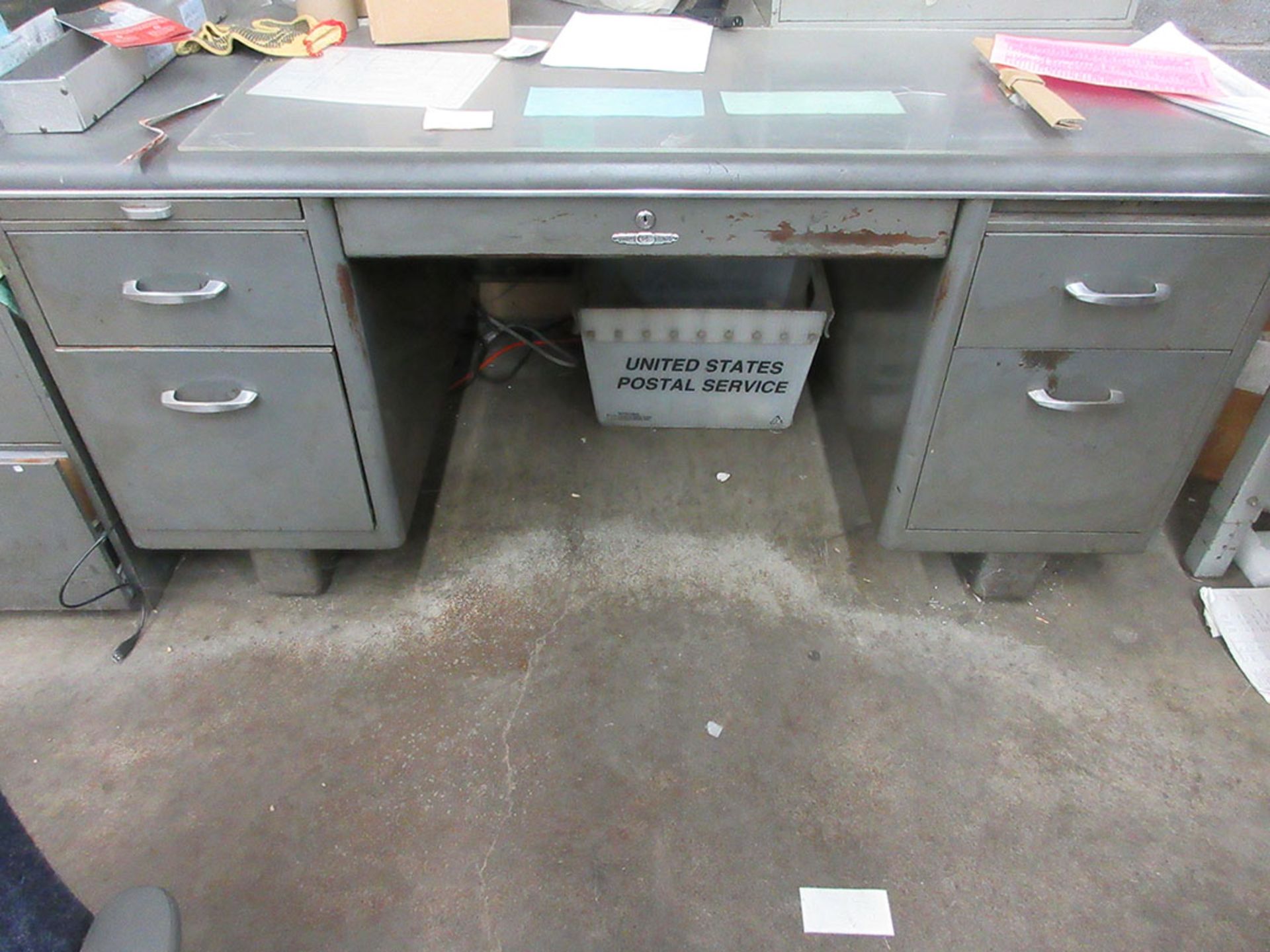 Y&E METAL DESK, (2) WORK STATIONS WITH 110V OUTLETS, LIGHTS, METRO CART, AND LAYOUT TABLE - Image 2 of 2