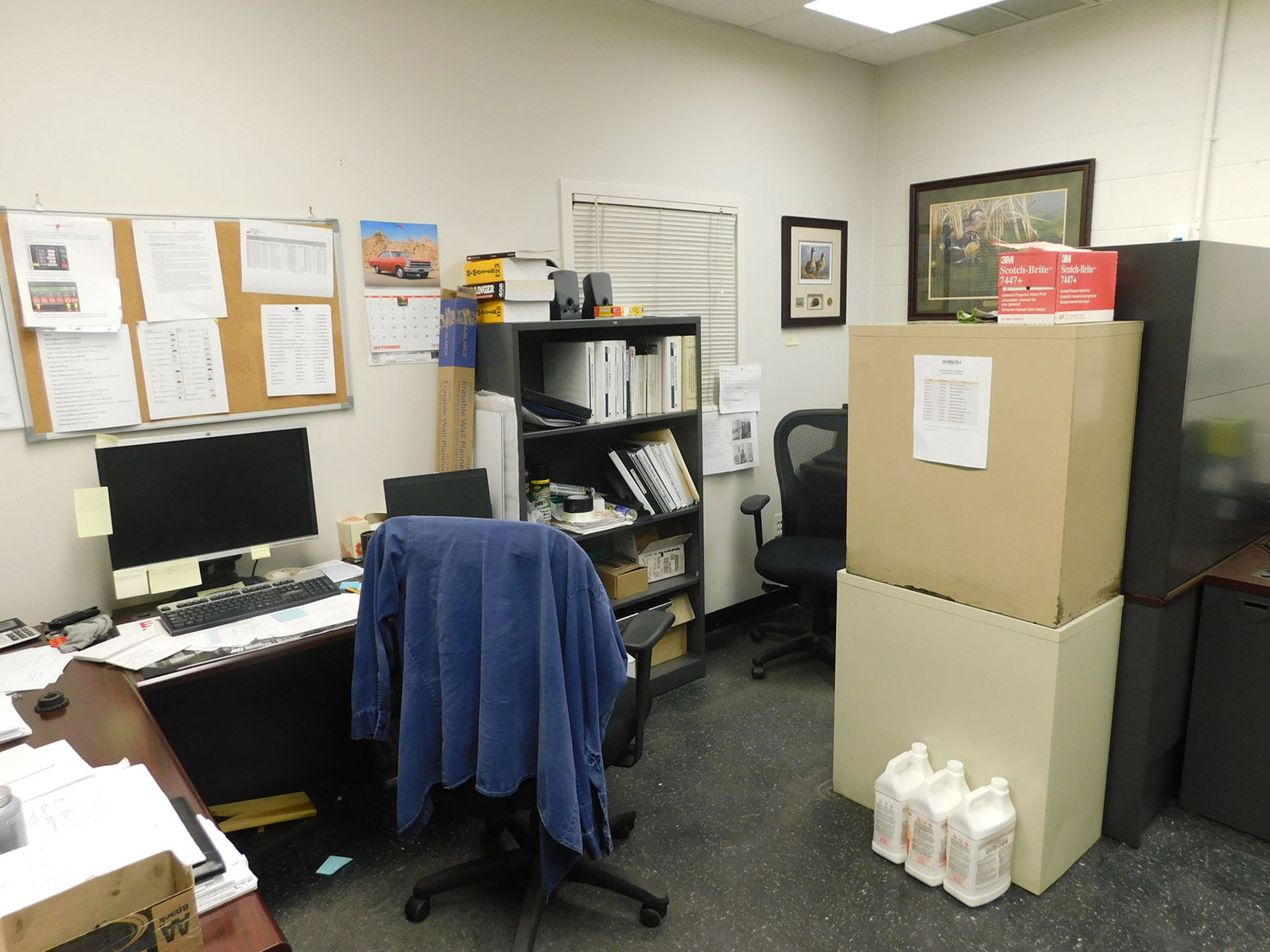 CONTENTS OF OFFICE; (3) DESKS, (6) CHAIRS, BOOK SHELF, FILE CABINET, FRIGIDAIRE MINI FRIDGE, AND - Image 2 of 2