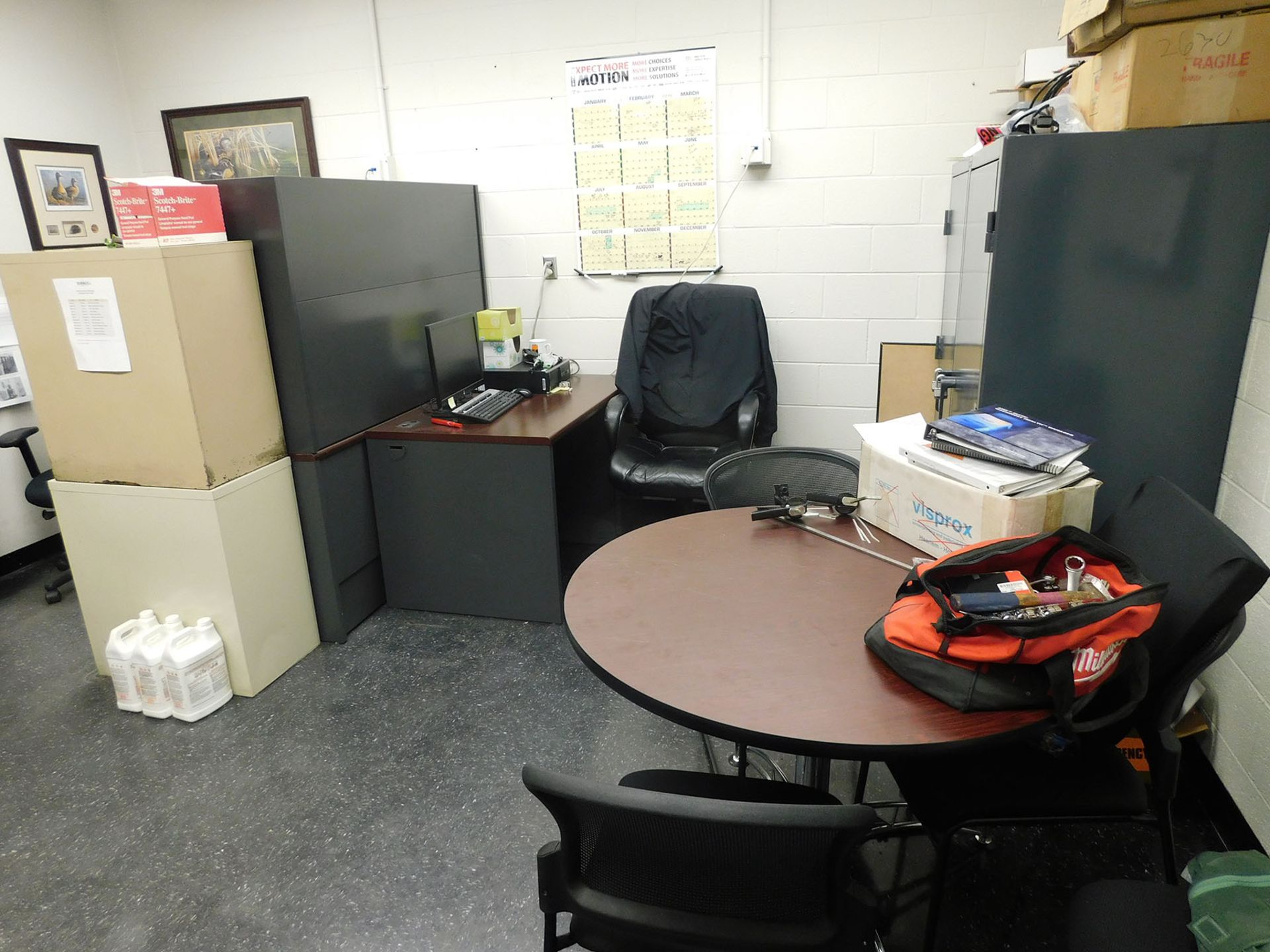 CONTENTS OF OFFICE; (3) DESKS, (6) CHAIRS, BOOK SHELF, FILE CABINET, FRIGIDAIRE MINI FRIDGE, AND