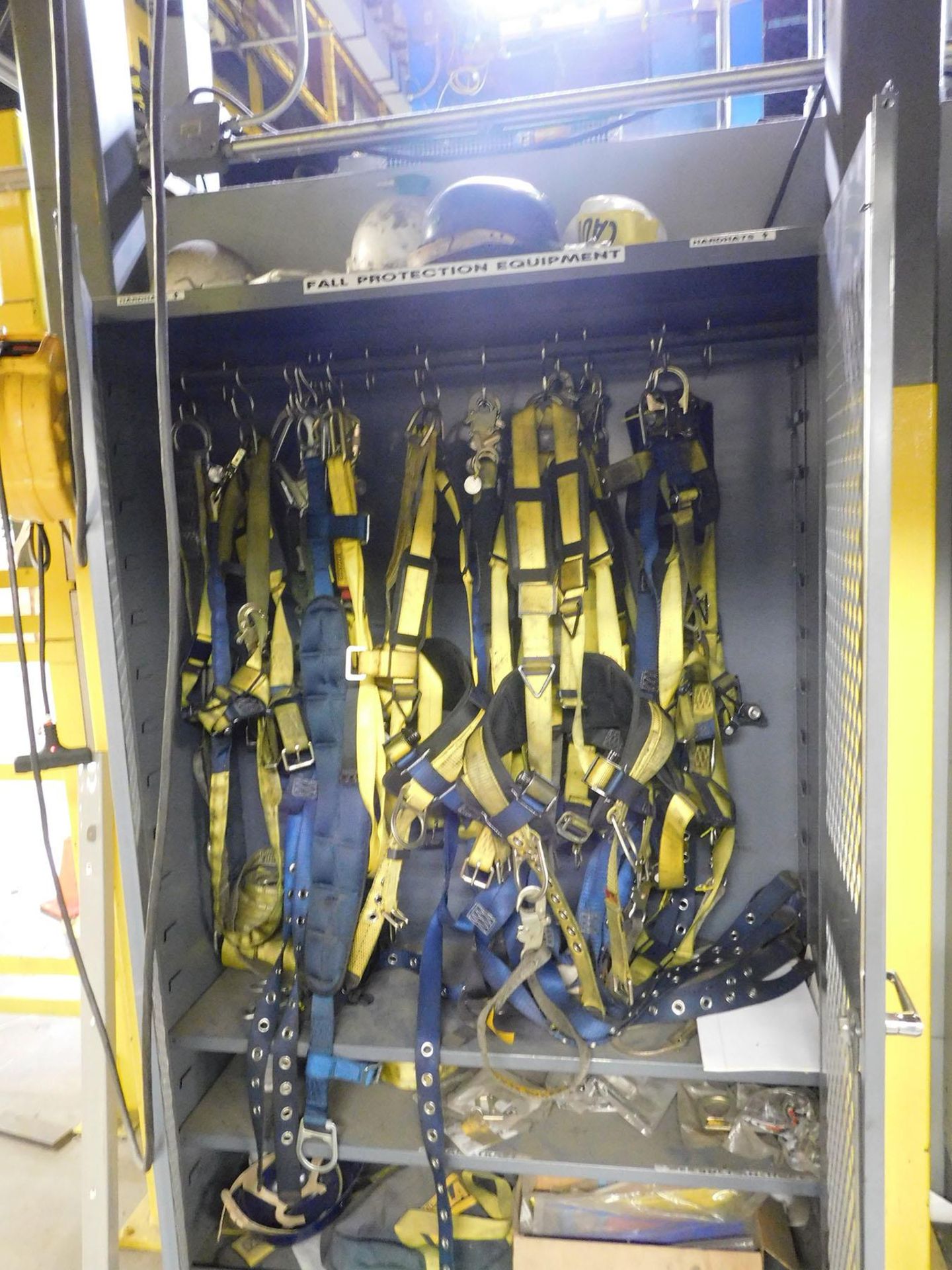 CABINET WITH CONTENT; HARD HATS & SAFETY HARNESSES