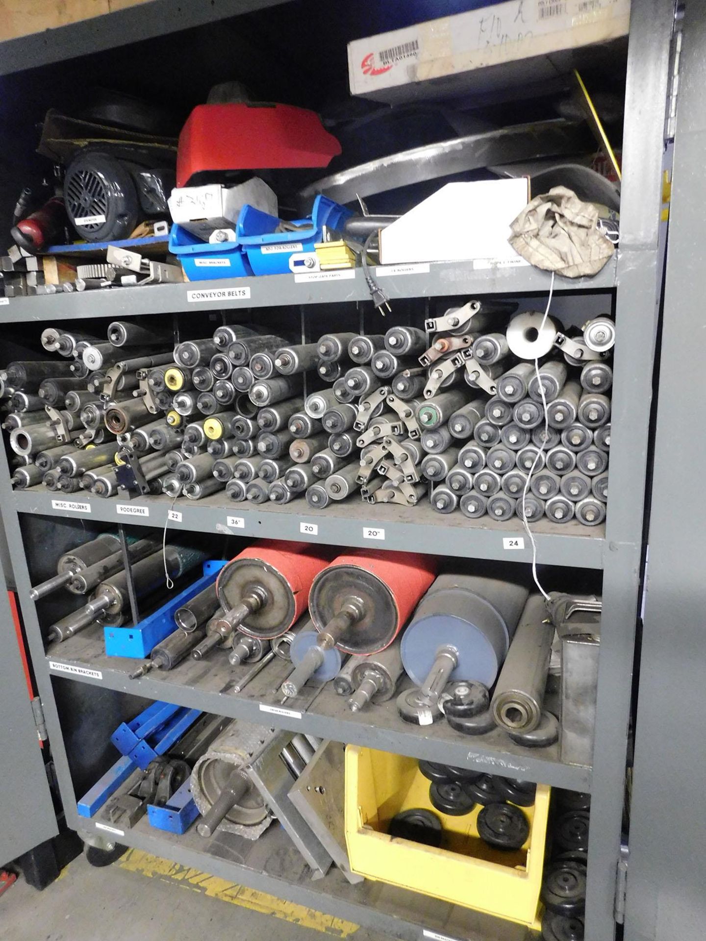 CABINET WITH CONTENT; ASSORTED CONVEYOR PARTS