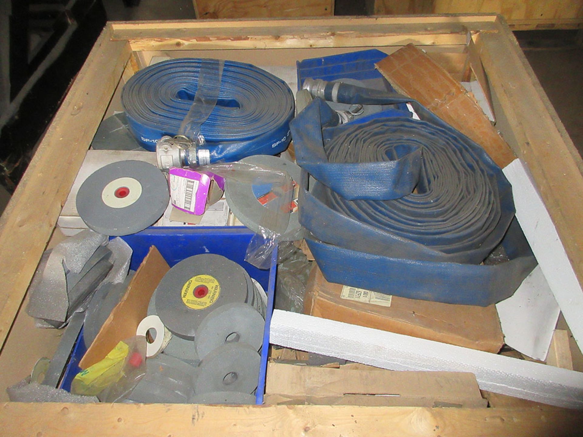 (5) CRATES WITH WATER HOSE, ABRASIVE DISCS, CYLINDERS, INDUCTION MOTORS, AND ELECTRICAL ITEMS