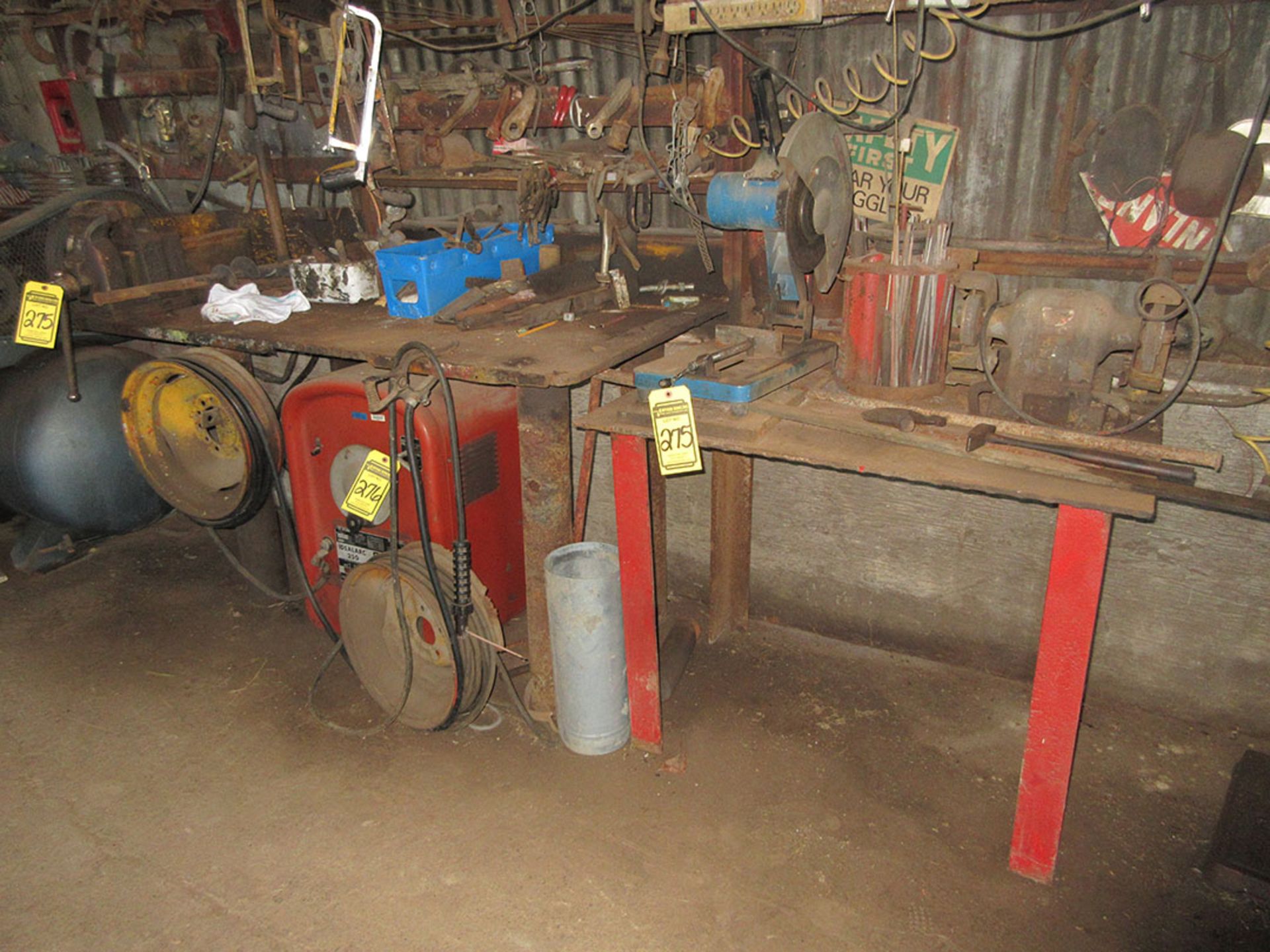 (2) WORK BENCHES, CUT OFF SAW, BENCH GRINDER, AND CONTENTS