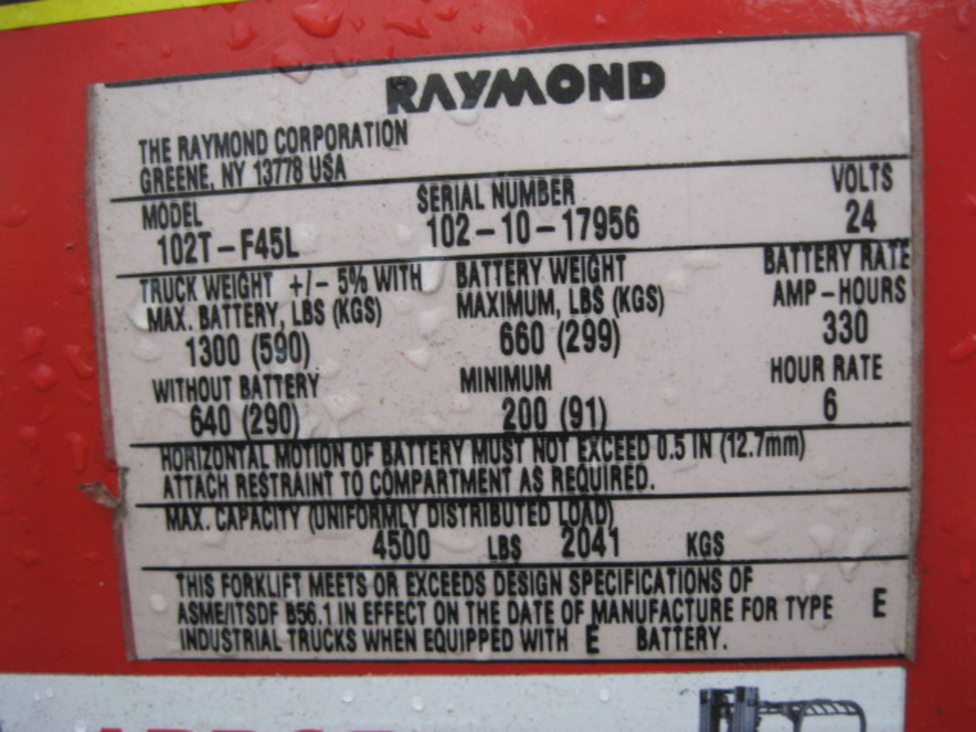 RAYMOND 102T-F45L 4,500 LB. 24-V WALK BEHIND ELECTRIC PALLET JACK - Image 2 of 3