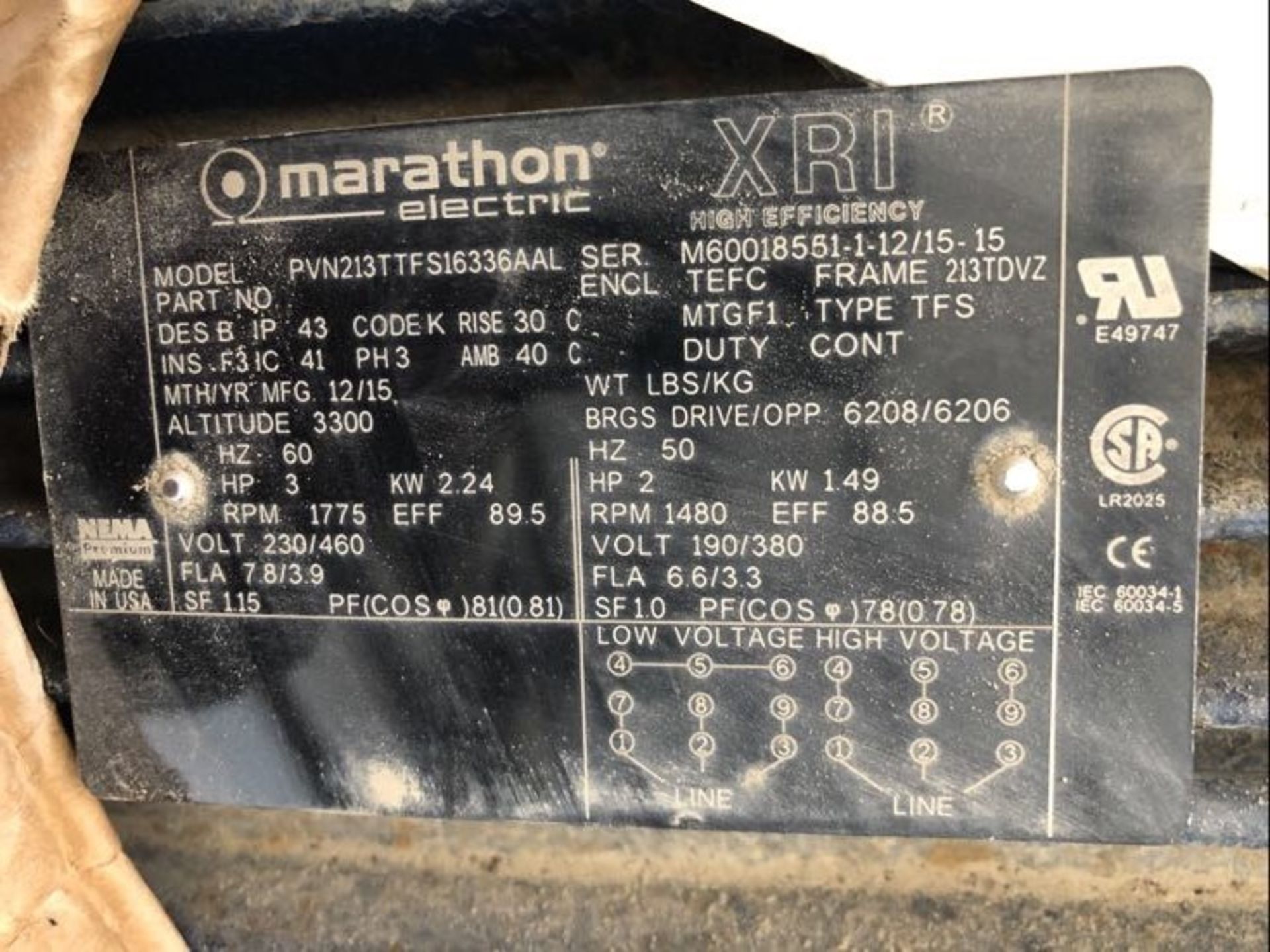 MARATHON 3-HP ELECTRIC MOTOR, 1775 RPM, 230/460 VOLT, TEFC, FRAME: 213TDVZ, LONG SHAFT MIXER MOTOR - Image 2 of 2