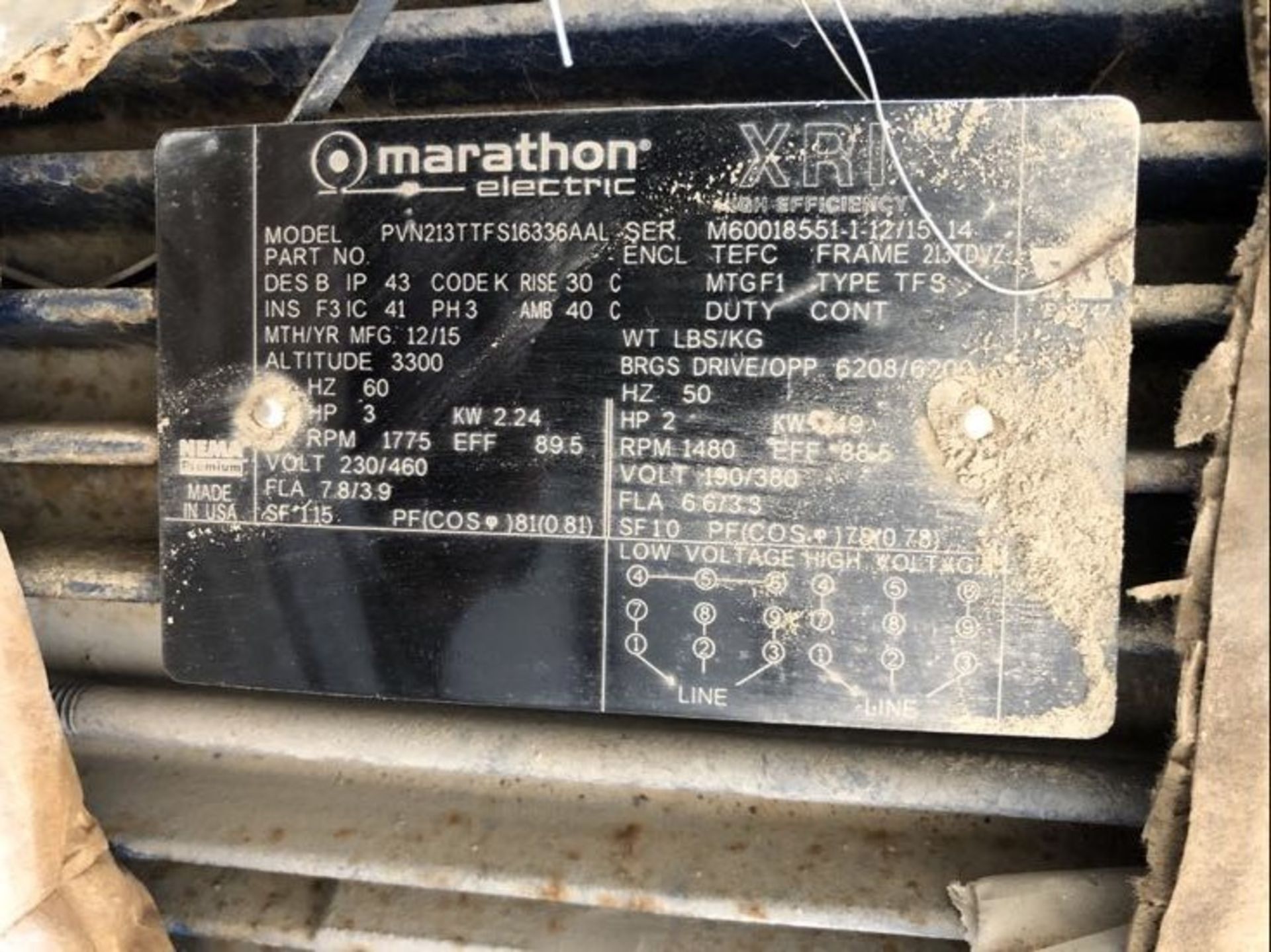 MARATHON 3-HP ELECTRIC MOTOR, 1775 RPM, 230/460 VOLT, TEFC, FRAME: 213TDVZ, LONG SHAFT MIXER MOTOR - Image 2 of 2