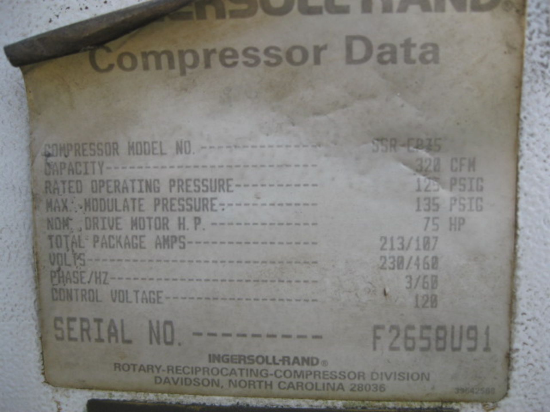 INGERSOLL RAND SSR – EP75 75-HP AIR COMPRESSOR 320-CFM - Image 3 of 3