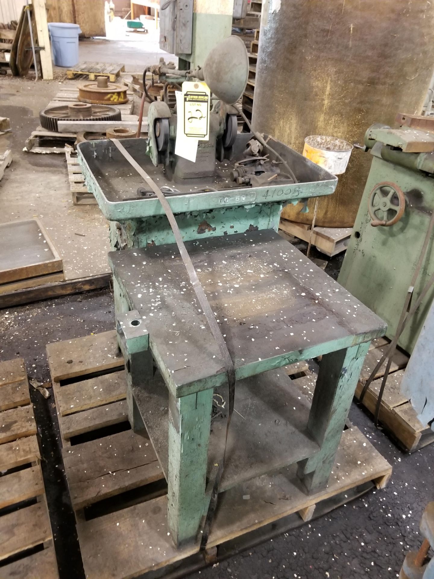 E.F. HAGER DOUBLE END PEDESTAL GRINDER ON PALLET WITH TABLE