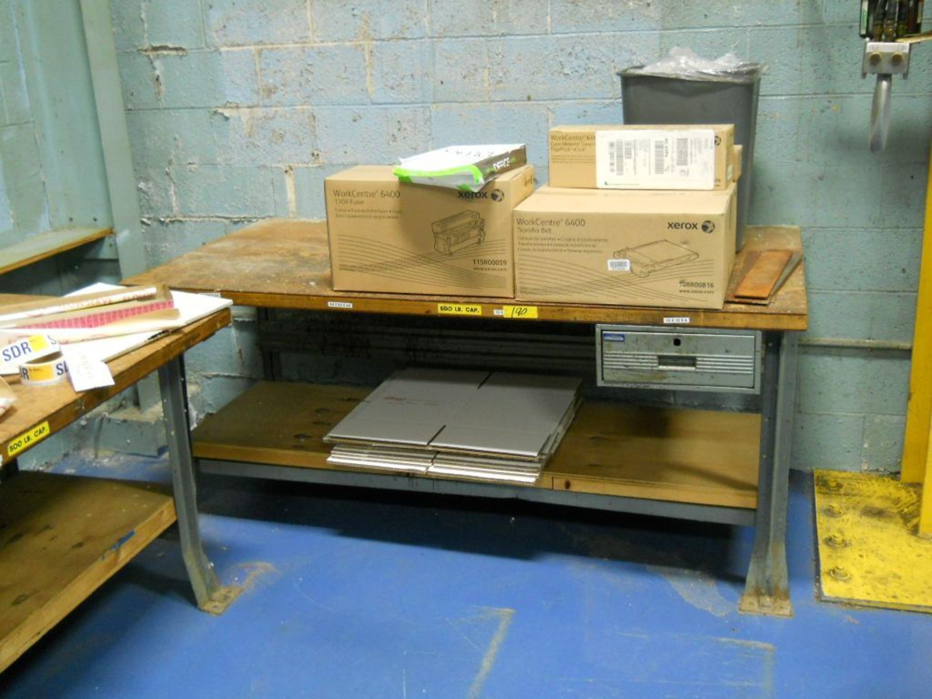 LOT OF: (2) WOOD TOPPED METAL DESKS, (1) METAL SHELF, (1) METAL SHOP DESK, BETTER PAK 55ES TAPER, - Image 2 of 3