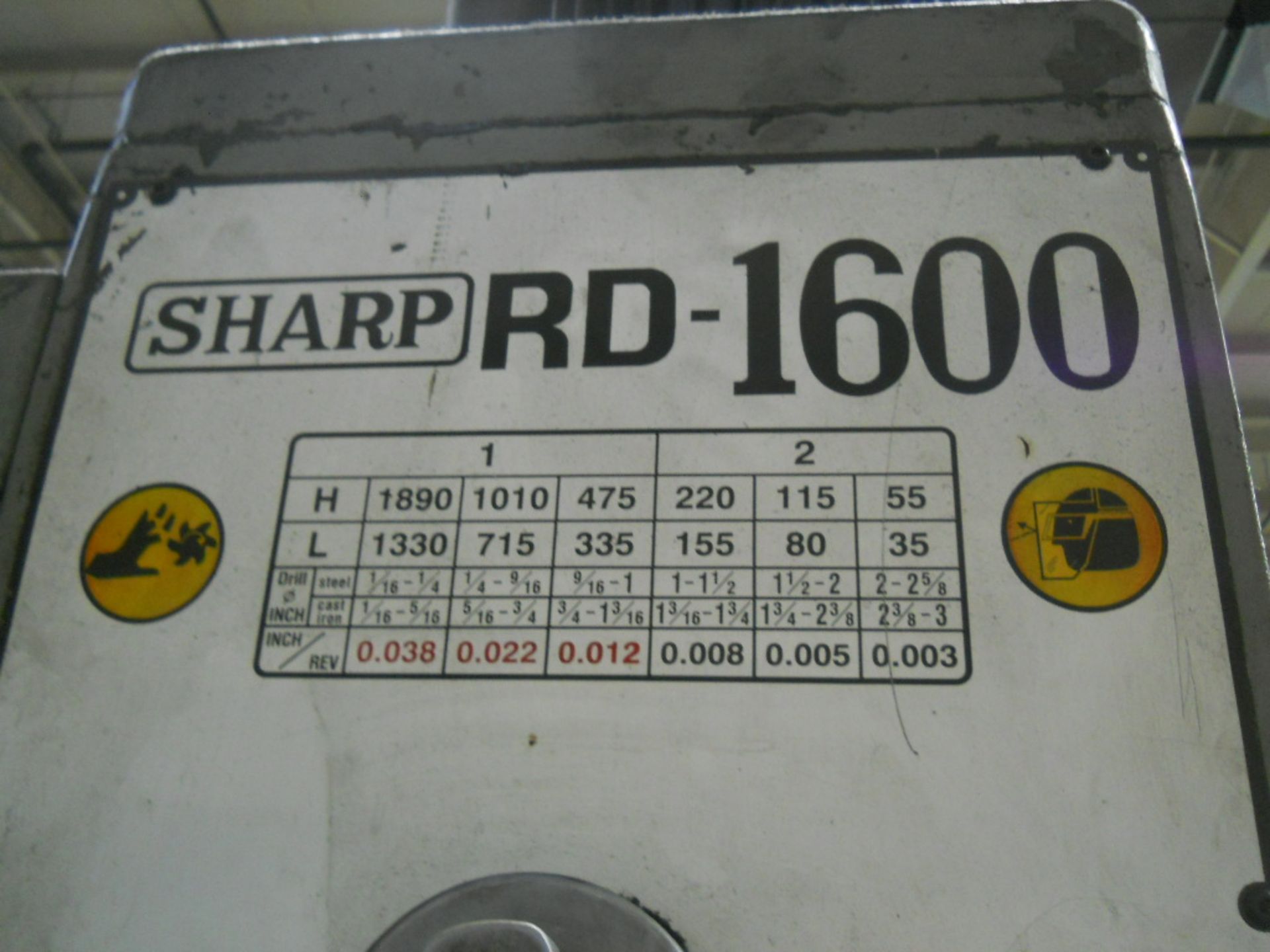 SHARP RADIAL DRILL PRESS, M/N RD1600, S/N 16938, 7.5 HP, 105 IN. X 72 IN. X 105 IN., 480 V - Image 2 of 5