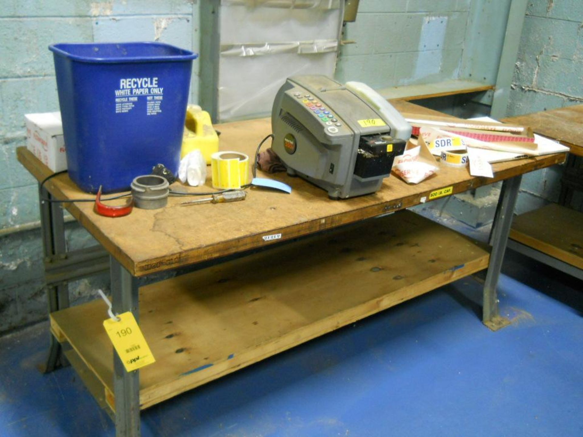 LOT OF: (2) WOOD TOPPED METAL DESKS, (1) METAL SHELF, (1) METAL SHOP DESK, BETTER PAK 55ES TAPER,