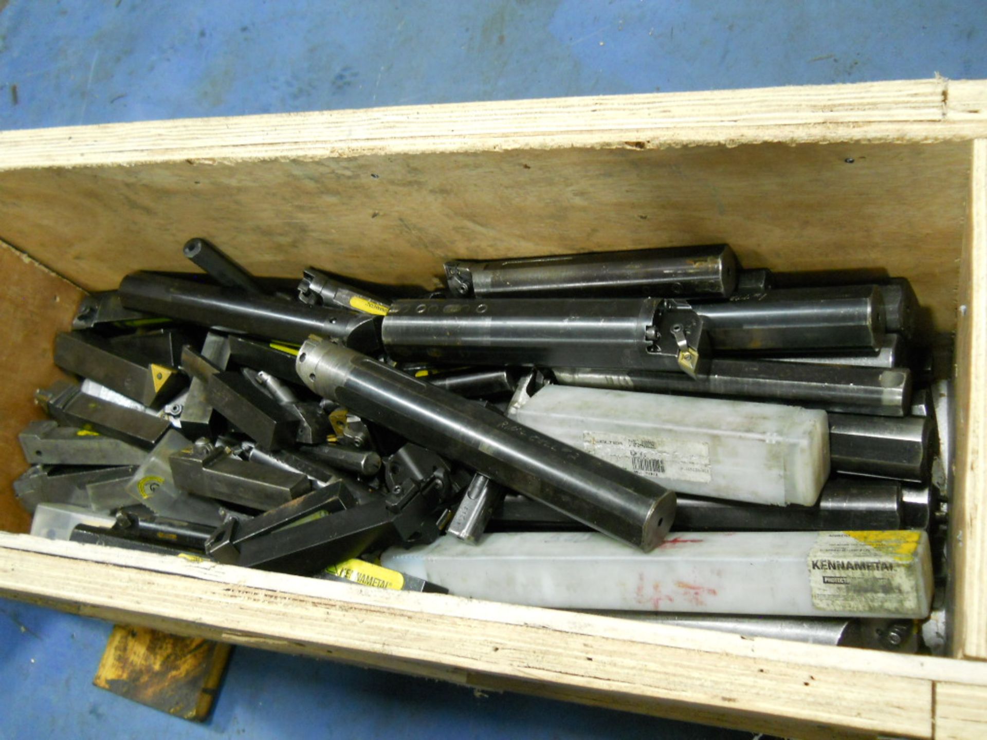 LOT OF: (1) BOX OF HAND TOOLS, (1) CRATE OF BORING BARS, TURNING TOOLS