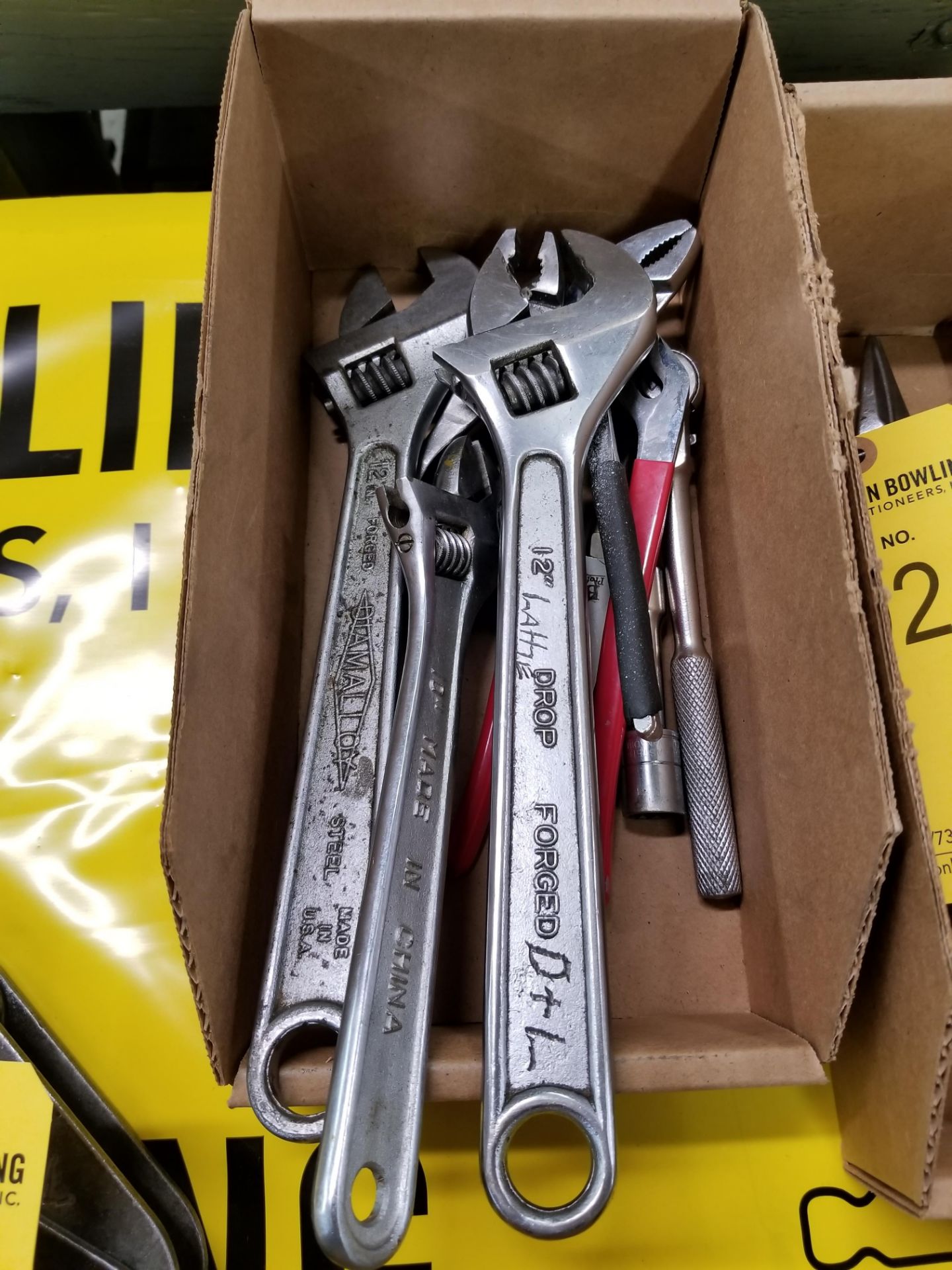 LOT: ASSORTED ADJUSTABLE WRENCHES & PLIERS (IN 1 BOX)