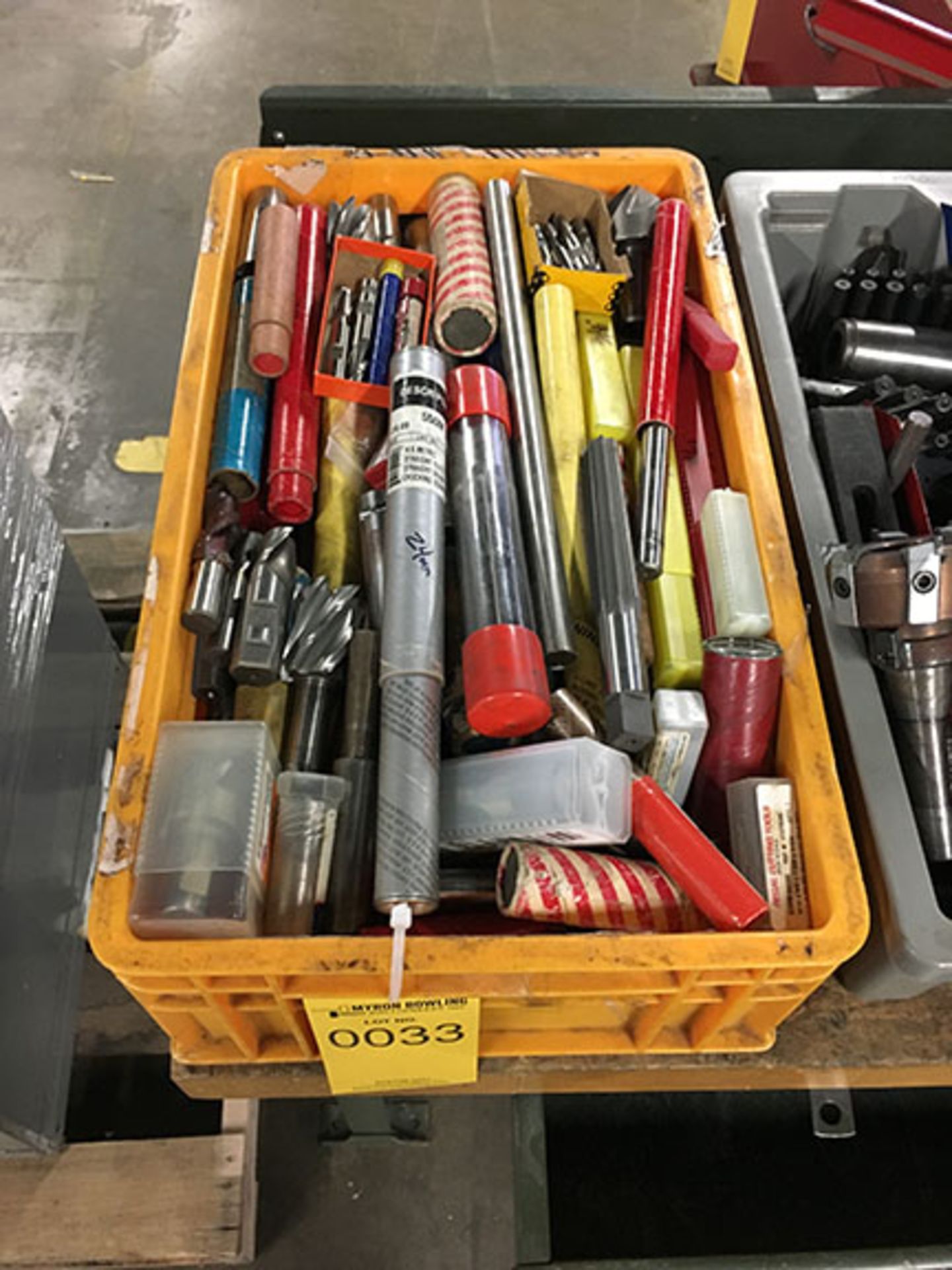 BIN OF ASSORTED REAMERS, TAPS, BITS, AND CUTTERS