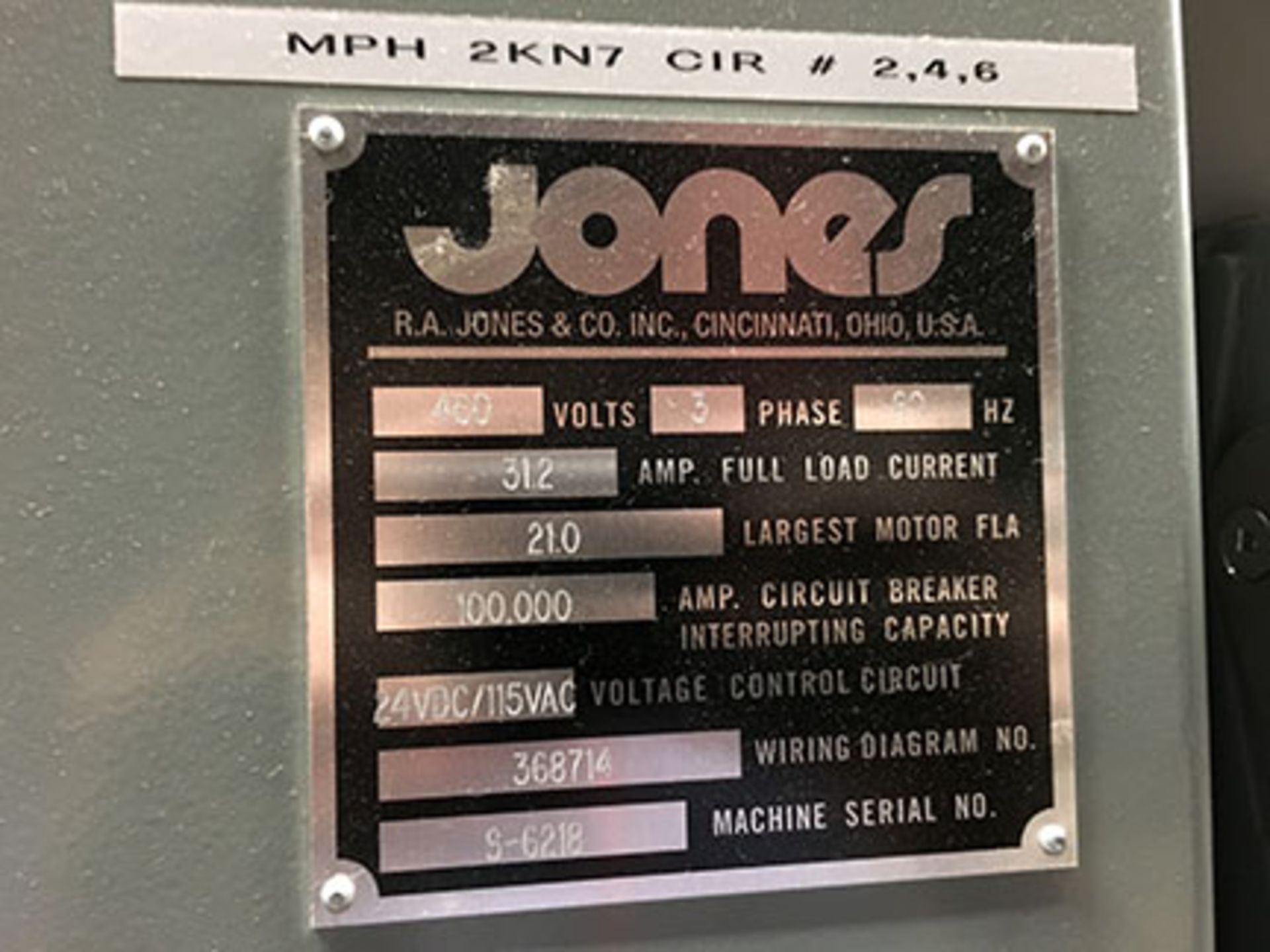 MERIDIAN BY JONES CUSTOM BUILT PACKAGING MACHINE; S/N 5-6218, 460 VOLT, 3 PHASE, 60 HZ, 31.2 AMP, - Image 7 of 7