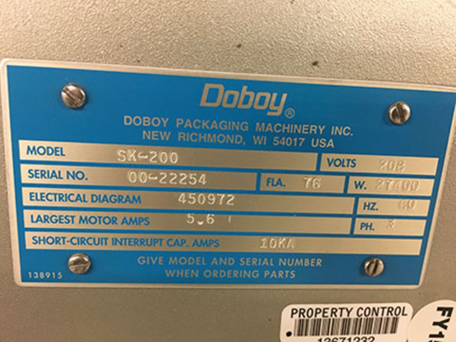 DOBOY HEAT SHRINK TUNNEL; MODEL SK-200, S/N 00-22254, 208 VOLT, 3 PHASE, 60 HZ, ELECTRICAL DIAGRAM - Image 2 of 3