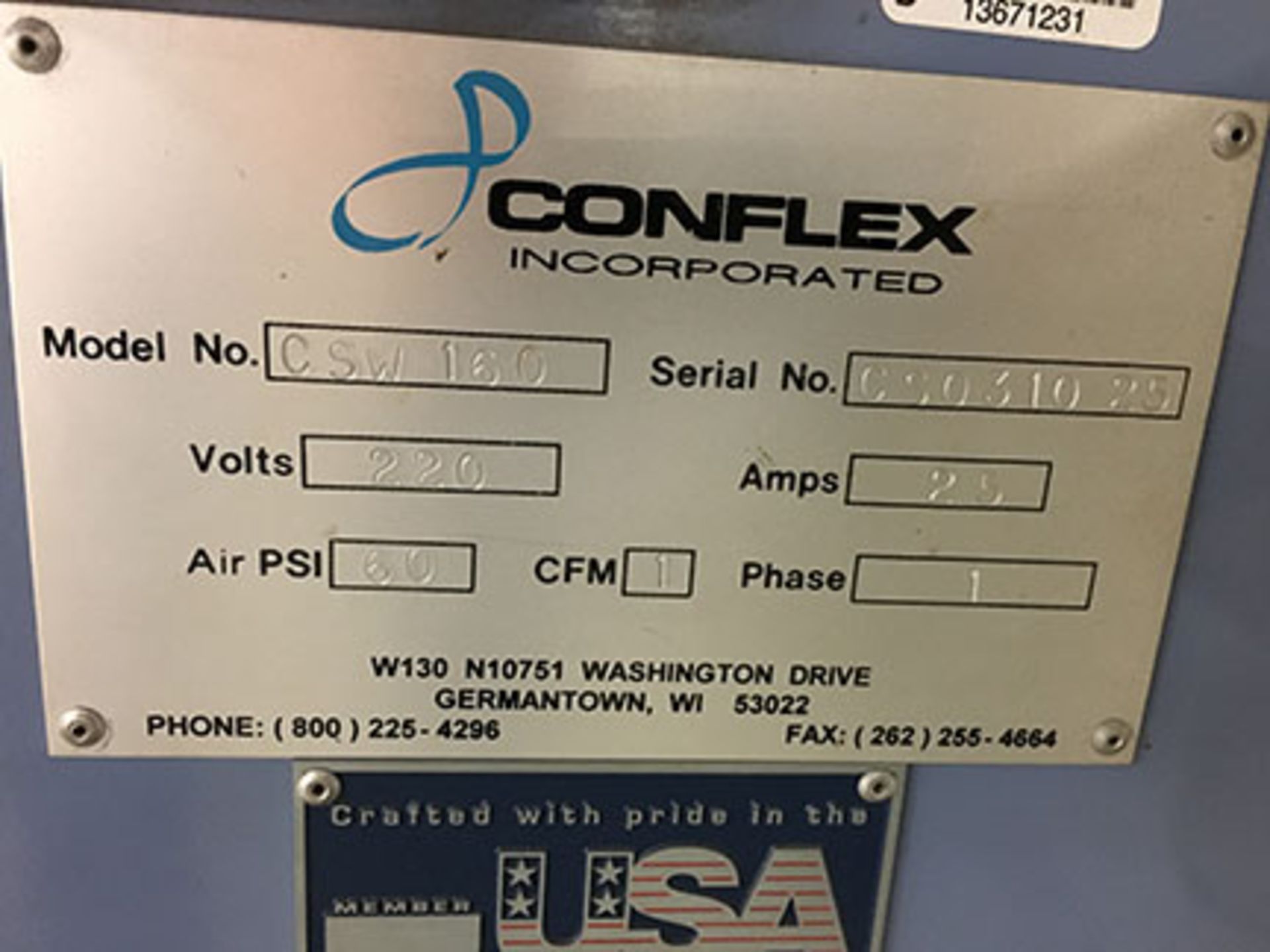 CONFLEX L BAR SEALER; MODEL CSW-160, S/N CS03102, 220 VOLT, 25 AMP, 60 AIR PSI, 1 CFM, SINGLE PHASE - Image 7 of 7