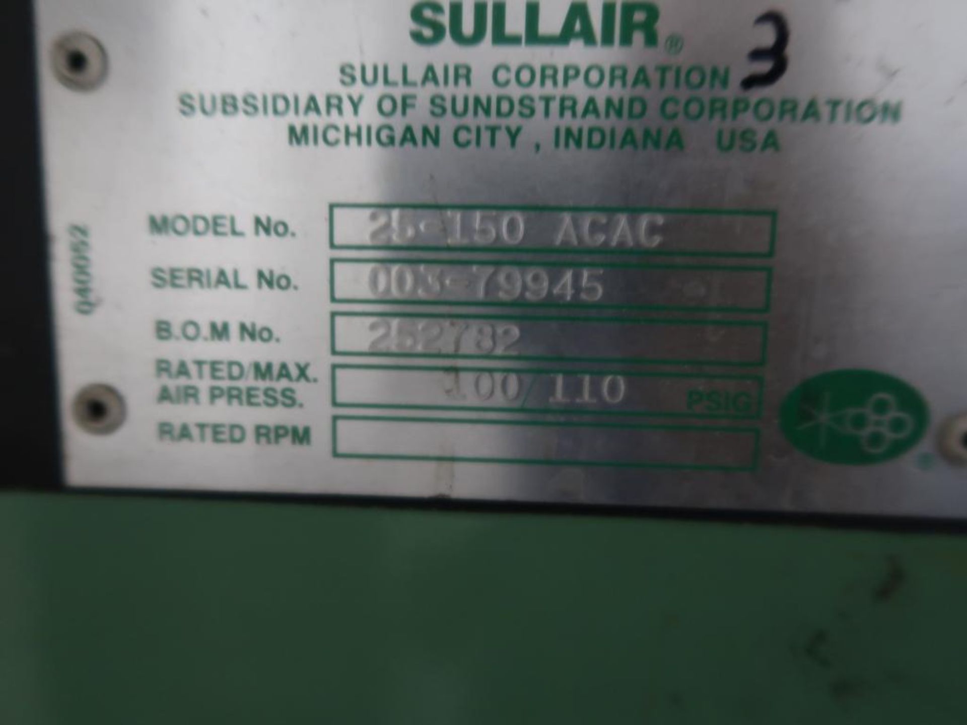 SULLAIR 150 HP Rotary Air Compressor Model 25-150 ACAC, S/N 003-79945 (#0391) - Image 3 of 4