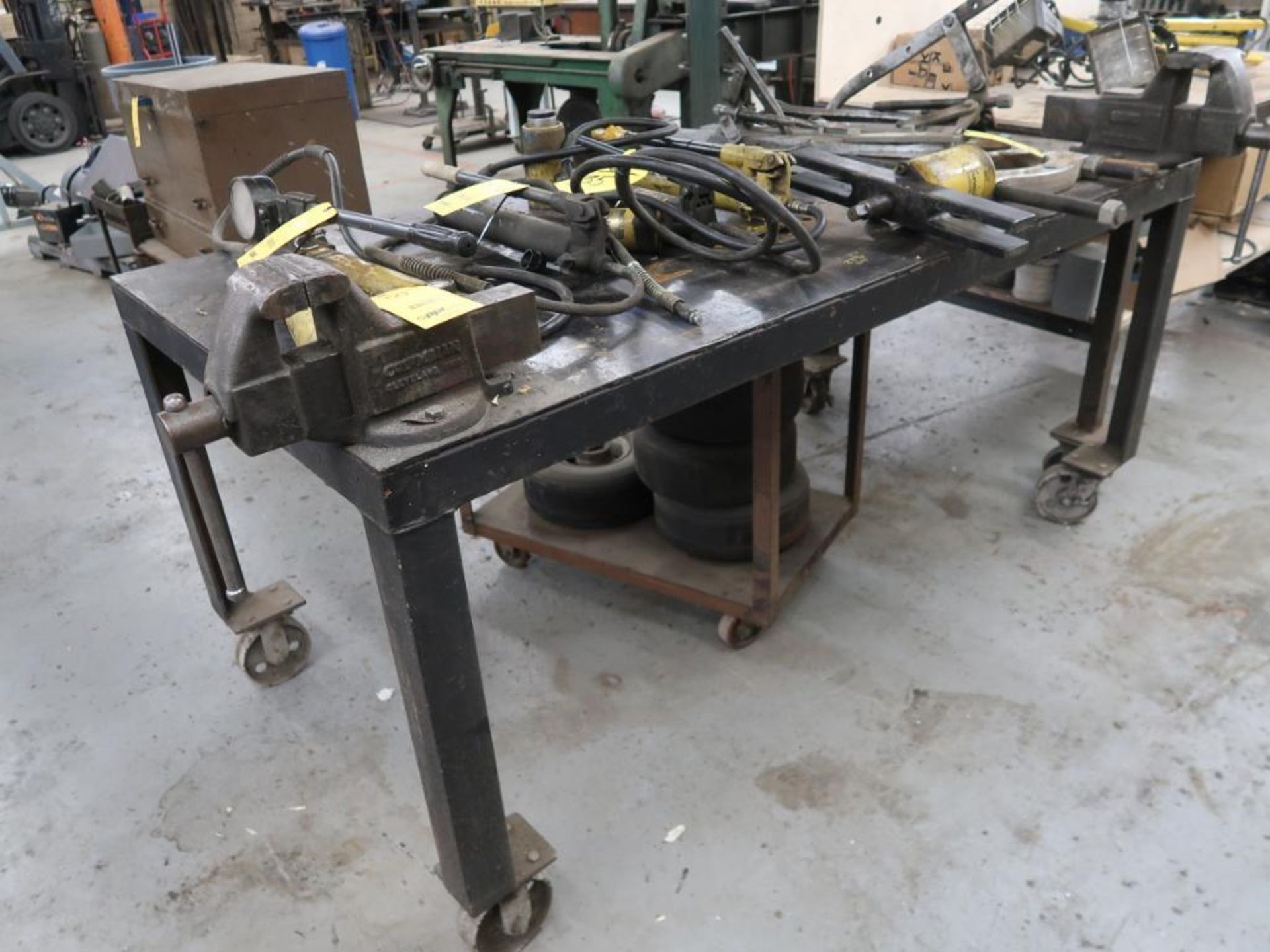 LOT: (2) Portable Steel Work Tables with (1) 4 in. Vise & (1) 4-1/2 in. Vise