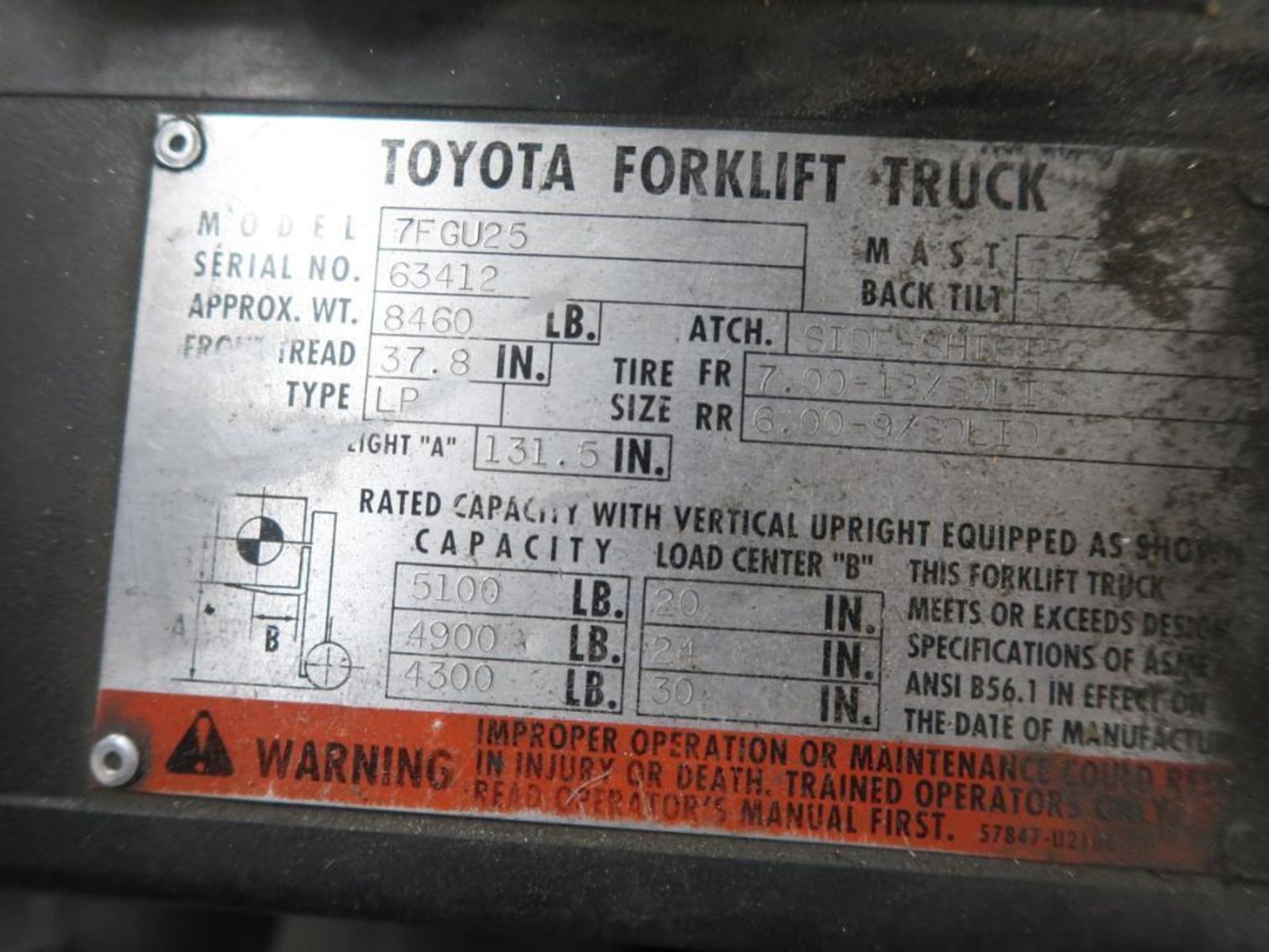 TOYOTA 5000 lb. LP Forklift Model 7FGU25, S/N 63412, Pneumatic Tires, 2-Stage Mast, Cab (#377) - Image 3 of 3