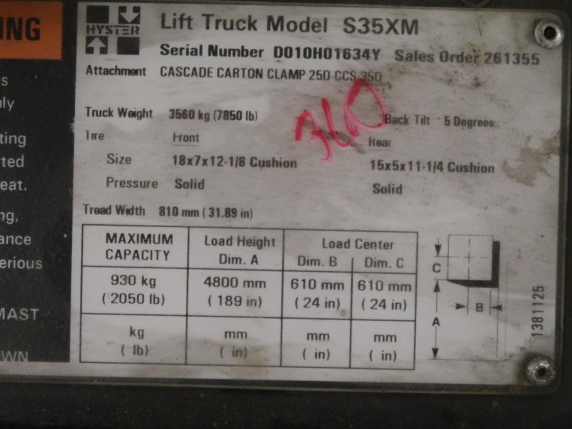 HYSTER 2000 lb. LP Clamp Forklift Model S35XM, S/N D010H01634Y, 3-Stage Mast - Image 5 of 5