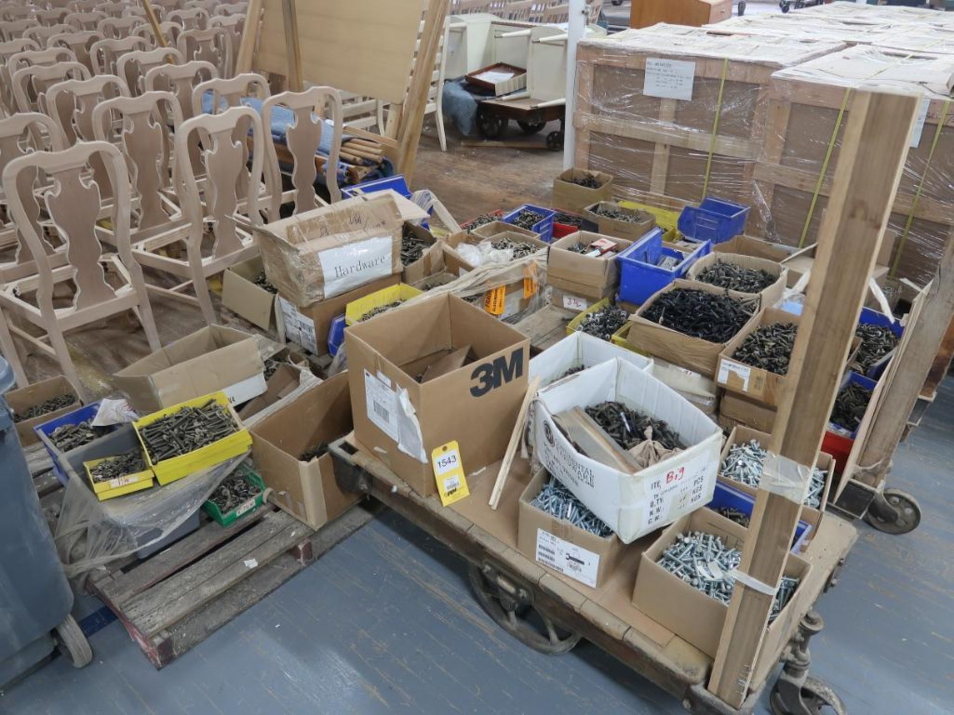 LOT: Assorted Fasteners on (2) Factory Trucks, (4) Pallets, (1) Steel Shelf