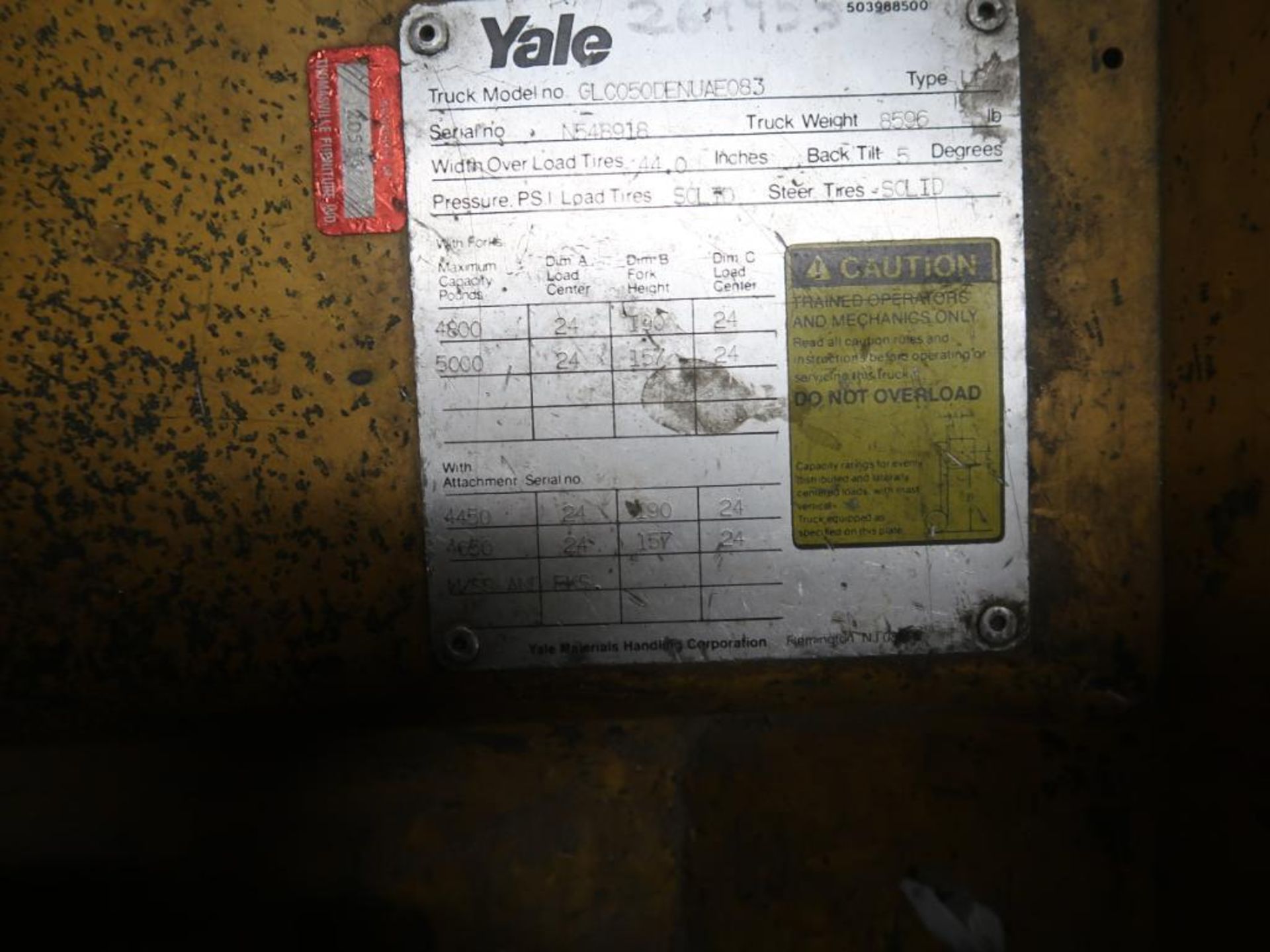 YALE 5000 lb. LP Forklift Model GLC050DFNCAE083, S/N N548918, 3-Stage Mast (#332) - Image 2 of 2