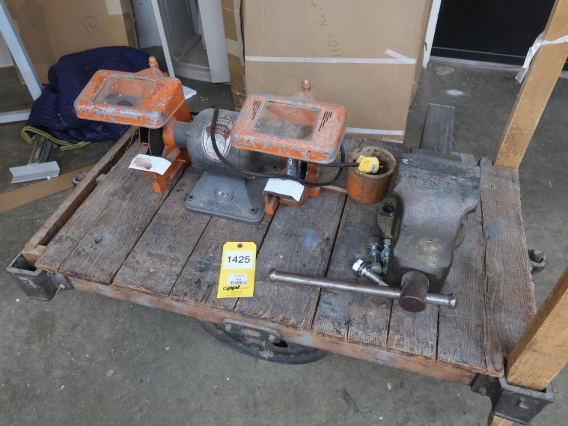 LOT: (1) 6 in. Heavy Duty Vise, (1) Double End Grinder on Factory Truck