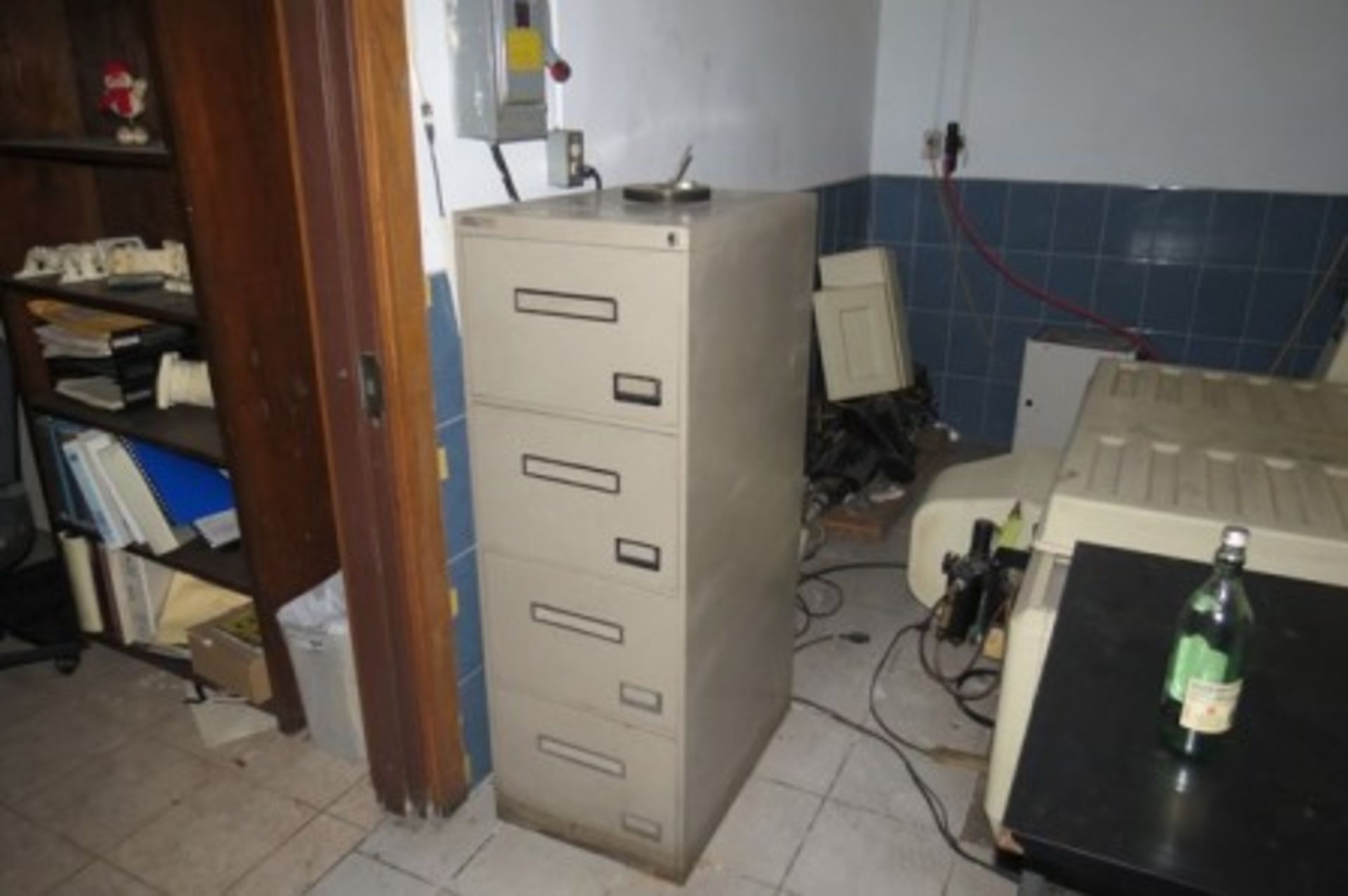 (3) Cabinets with measuring equipment, 7 desks with chairs, bookcase, (3) file cabinets, computers - Image 21 of 26