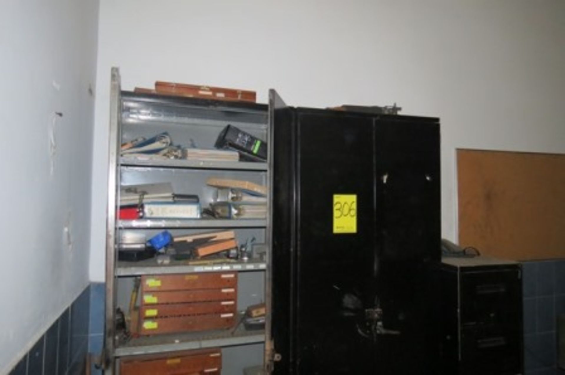(3) Cabinets with measuring equipment, 7 desks with chairs, bookcase, (3) file cabinets, computers