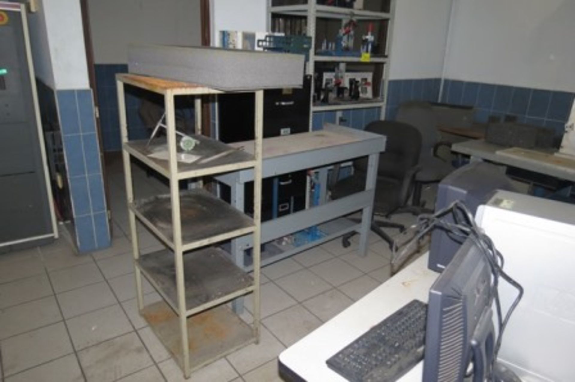 (3) Cabinets with measuring equipment, 7 desks with chairs, bookcase, (3) file cabinets, computers - Image 13 of 26