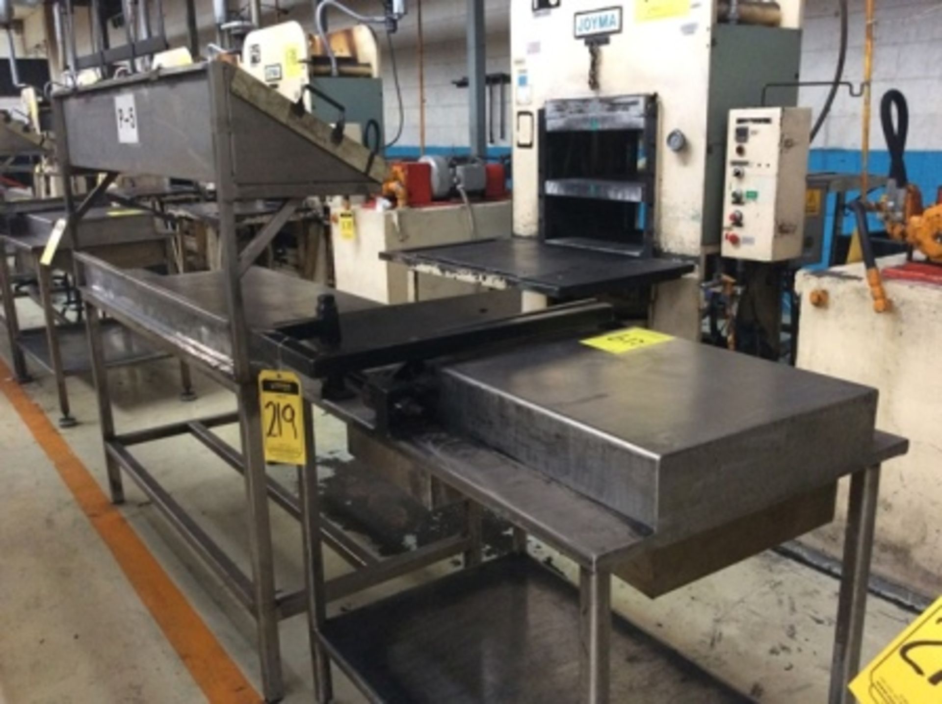 2 work tables, one with stainless steel cover and guillotine, another with cover in 1/4 ac plate … - Image 3 of 4