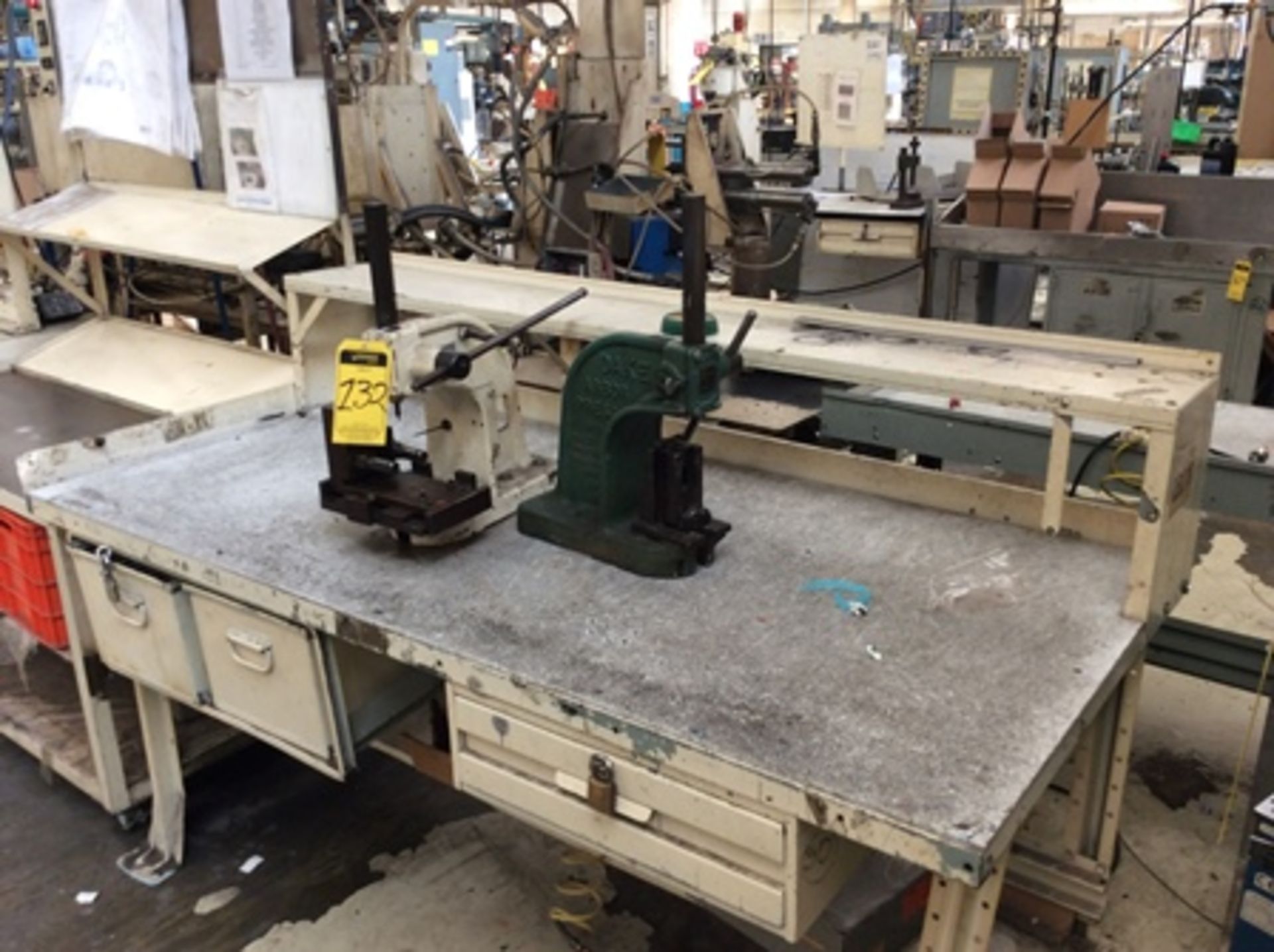 Work table with nylamid cover, 2 Dake manual presses and pedal stapler … - Image 2 of 8