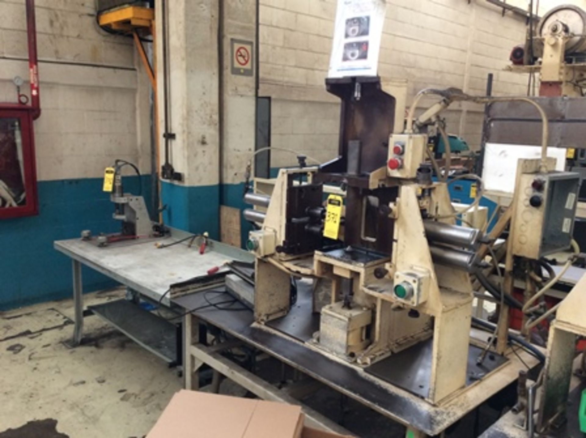 2 assembly tables, includes clamping device and tester, pneumatic press, Titan traysealer and co … - Image 5 of 8