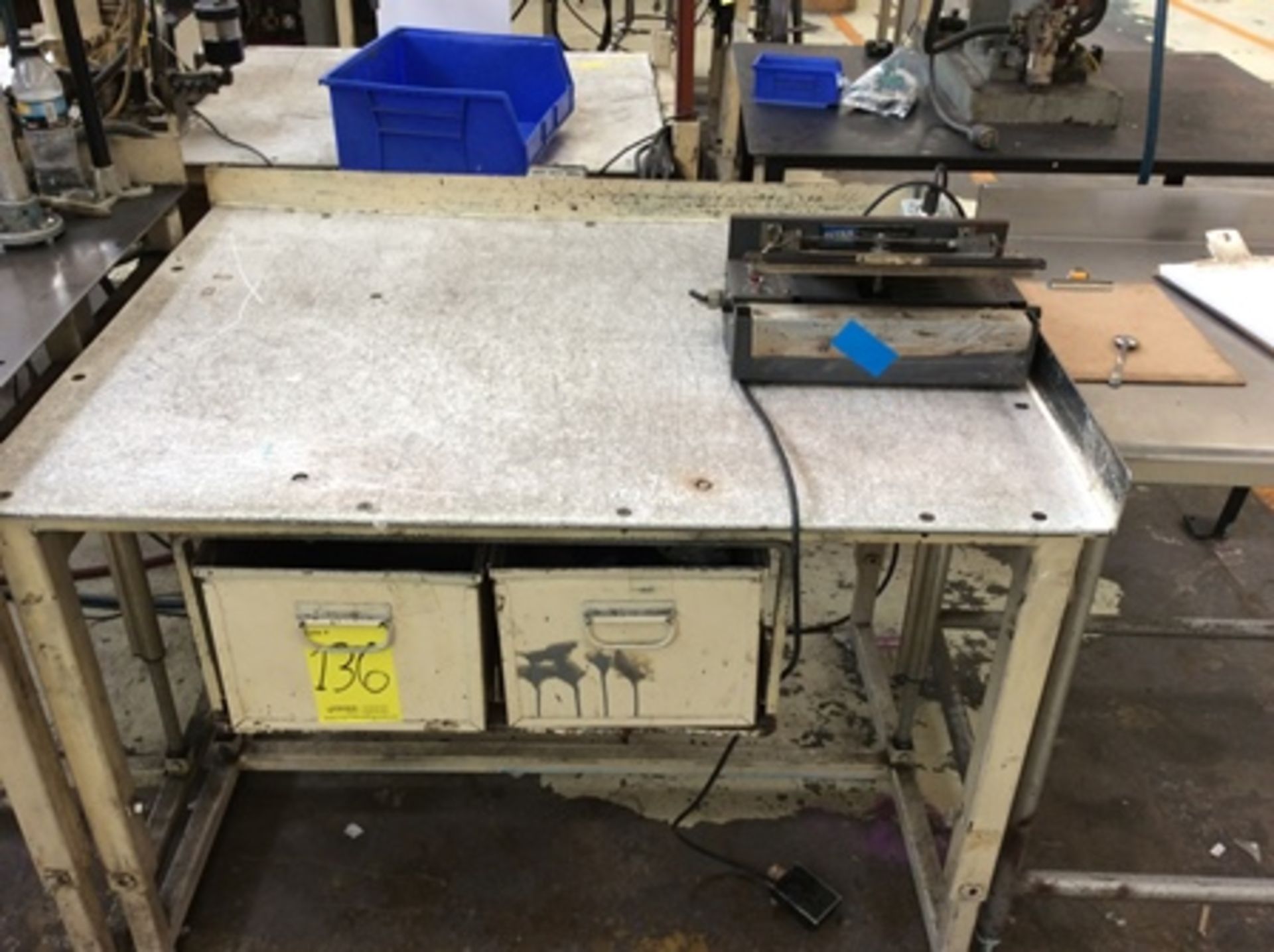 2 working tables with nylamid cover includes 2 pneumatic presses and Titan traysealer … - Image 8 of 12