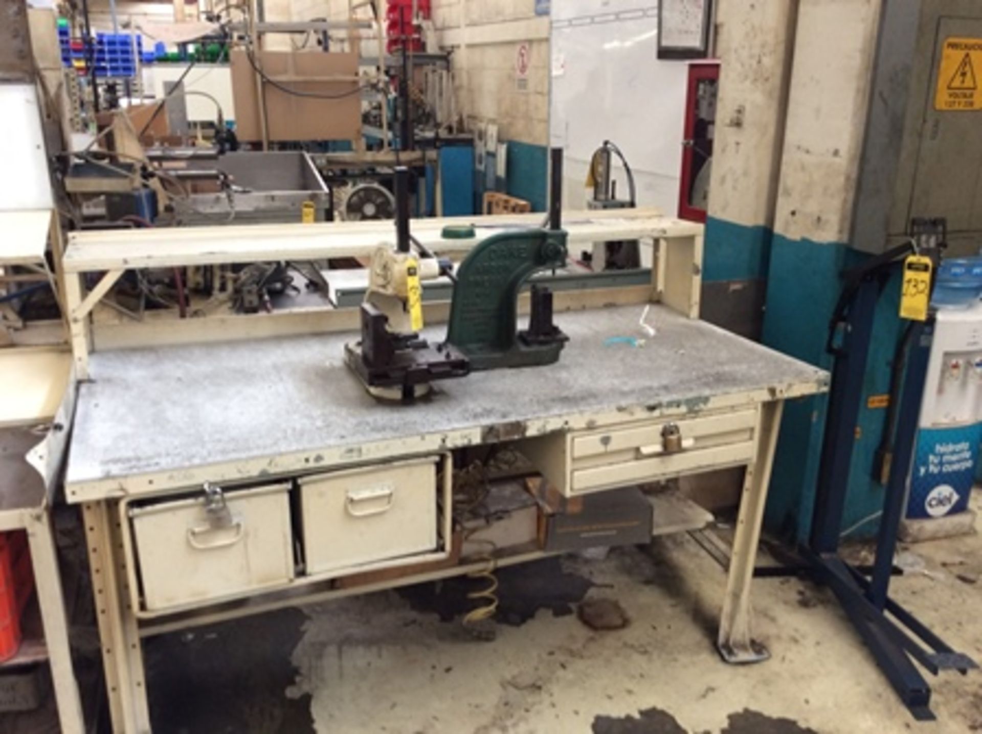 Work table with nylamid cover, 2 Dake manual presses and pedal stapler … - Image 3 of 8