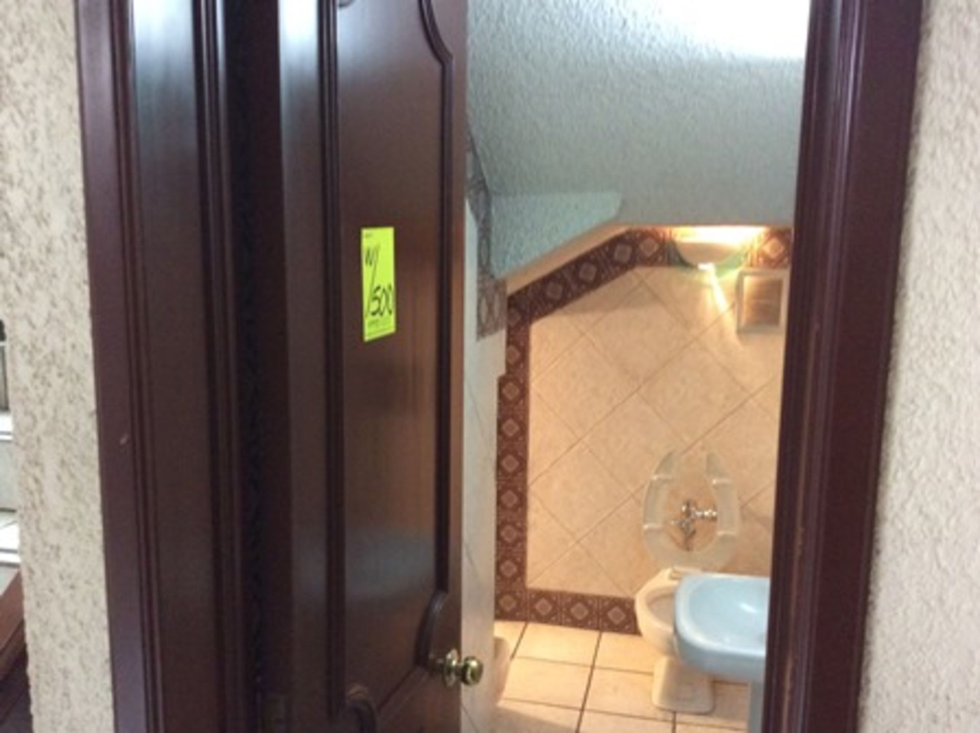 Men's and women's bathroom; 4 w.c., sliding wooden partitions and 2 mirrors … - Image 3 of 7