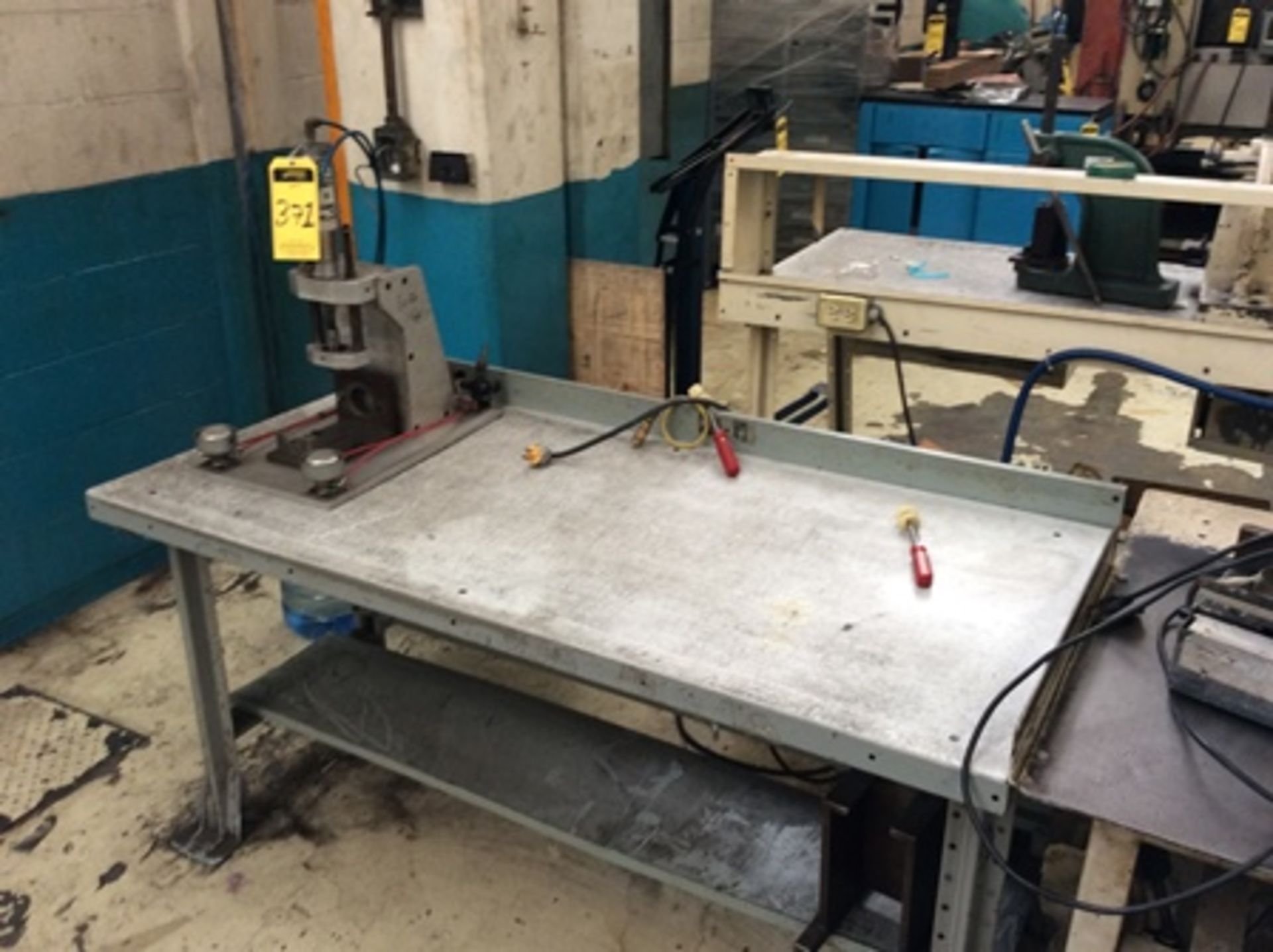 2 assembly tables, includes clamping device and tester, pneumatic press, Titan traysealer and co … - Image 6 of 8