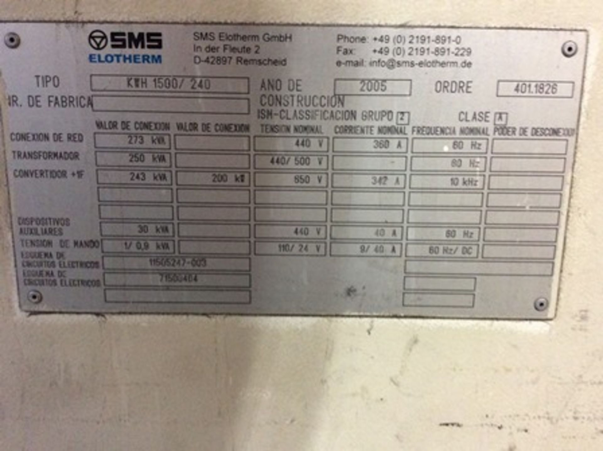 Maquina para tratamiento térmico por inducción marca SMS Elotherm modelo KWH 1500/240 serie 401.182 - Image 17 of 31