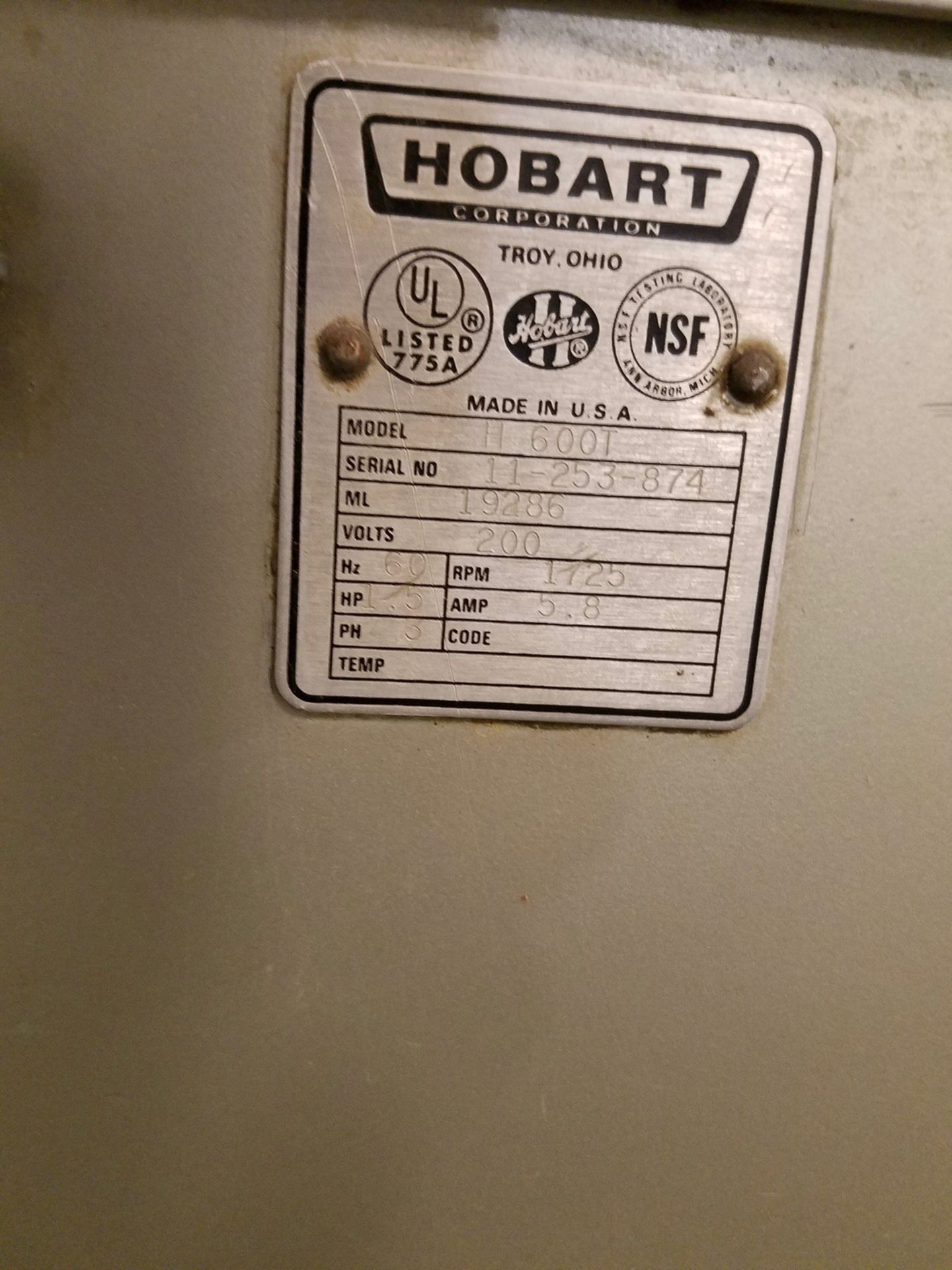 Hobart 60 Quart Planetary Mixer, M# H600T, S/N 11-253-874 | Rigging and Loading Fee: $150 - Image 2 of 3